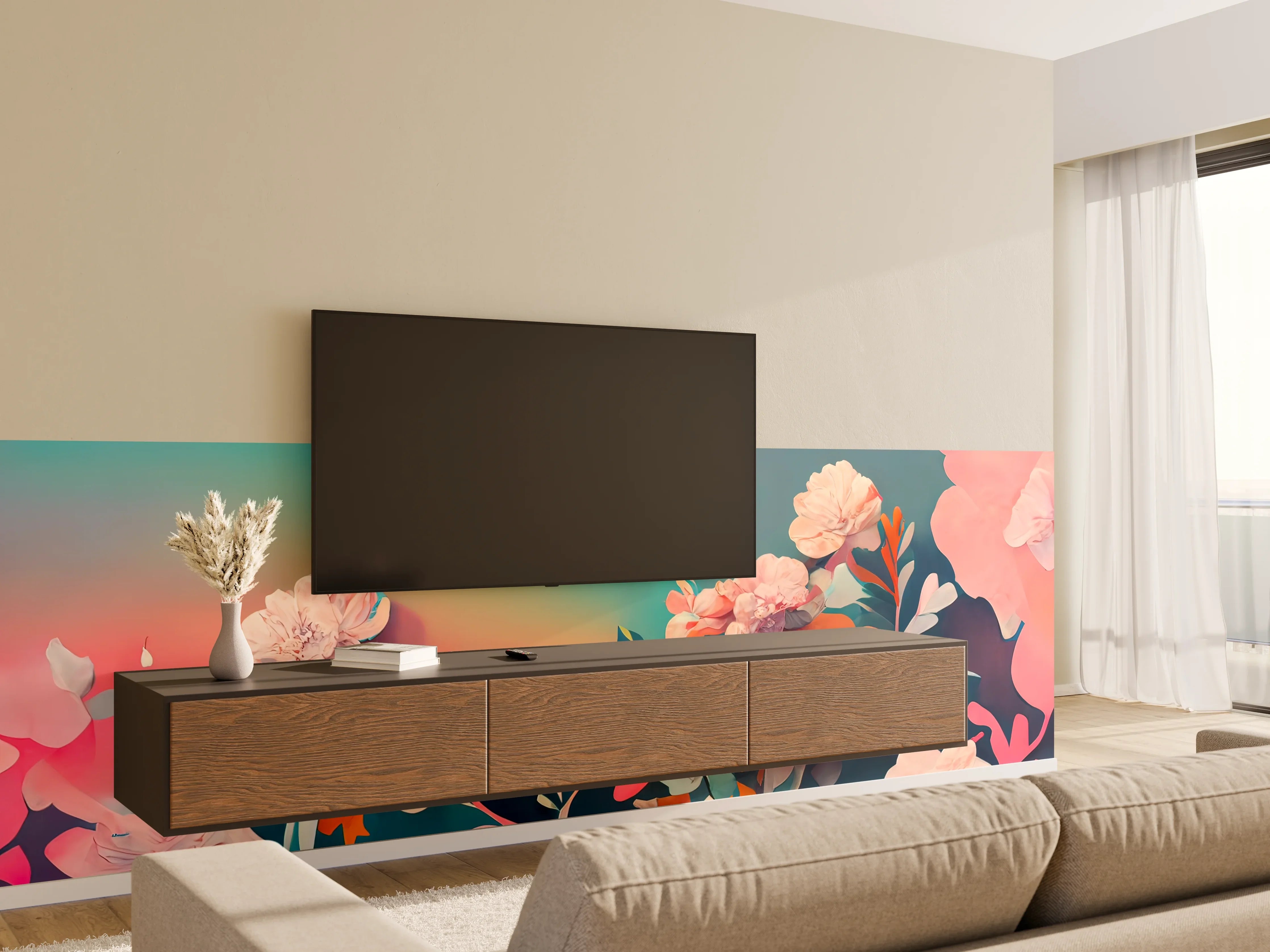 Wandverkleidung Wohnzimmer - Blumen im bunten Aquarell-Stil