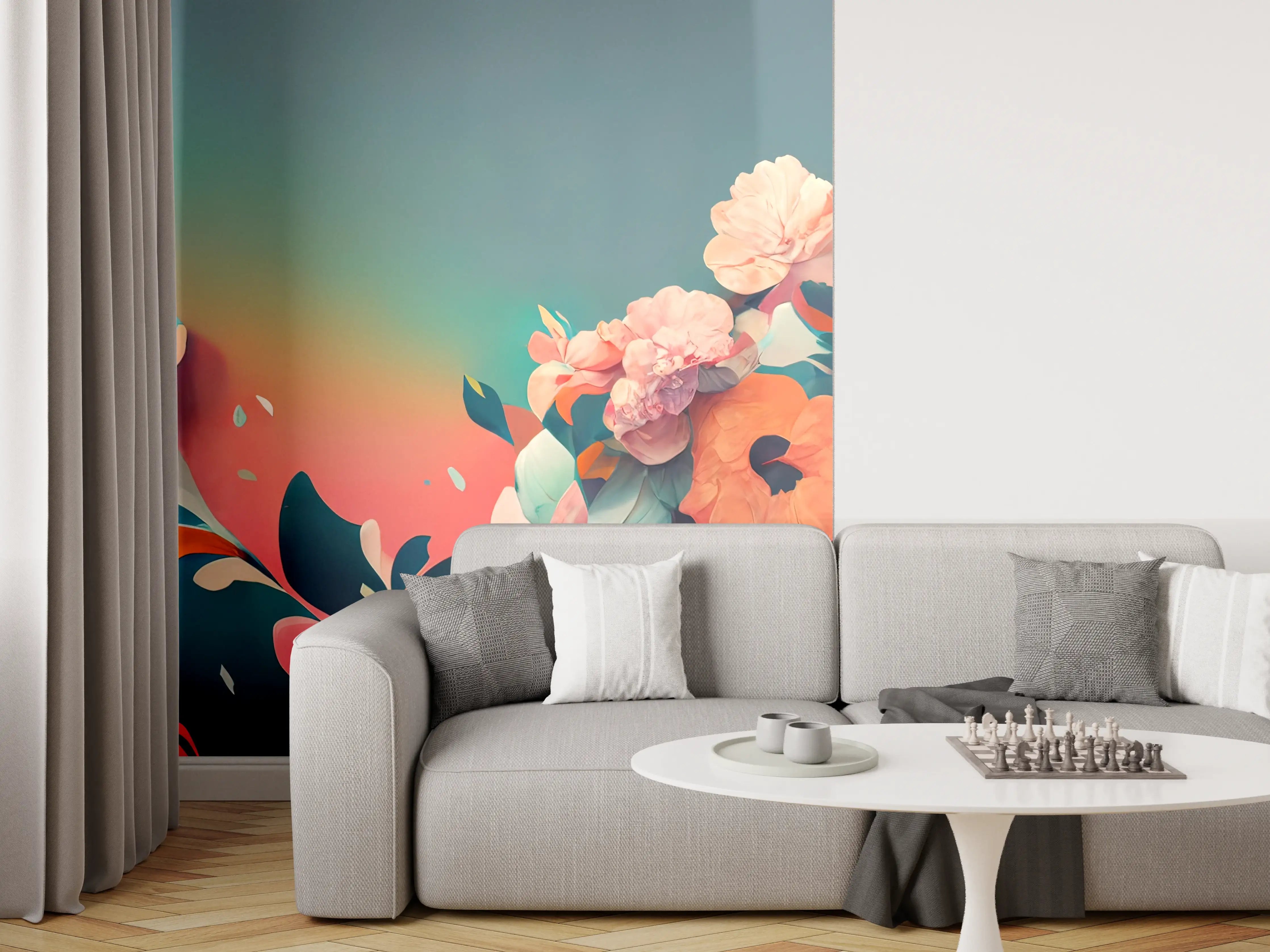 Wandverkleidung Wohnzimmer - Blumen im bunten Aquarell-Stil