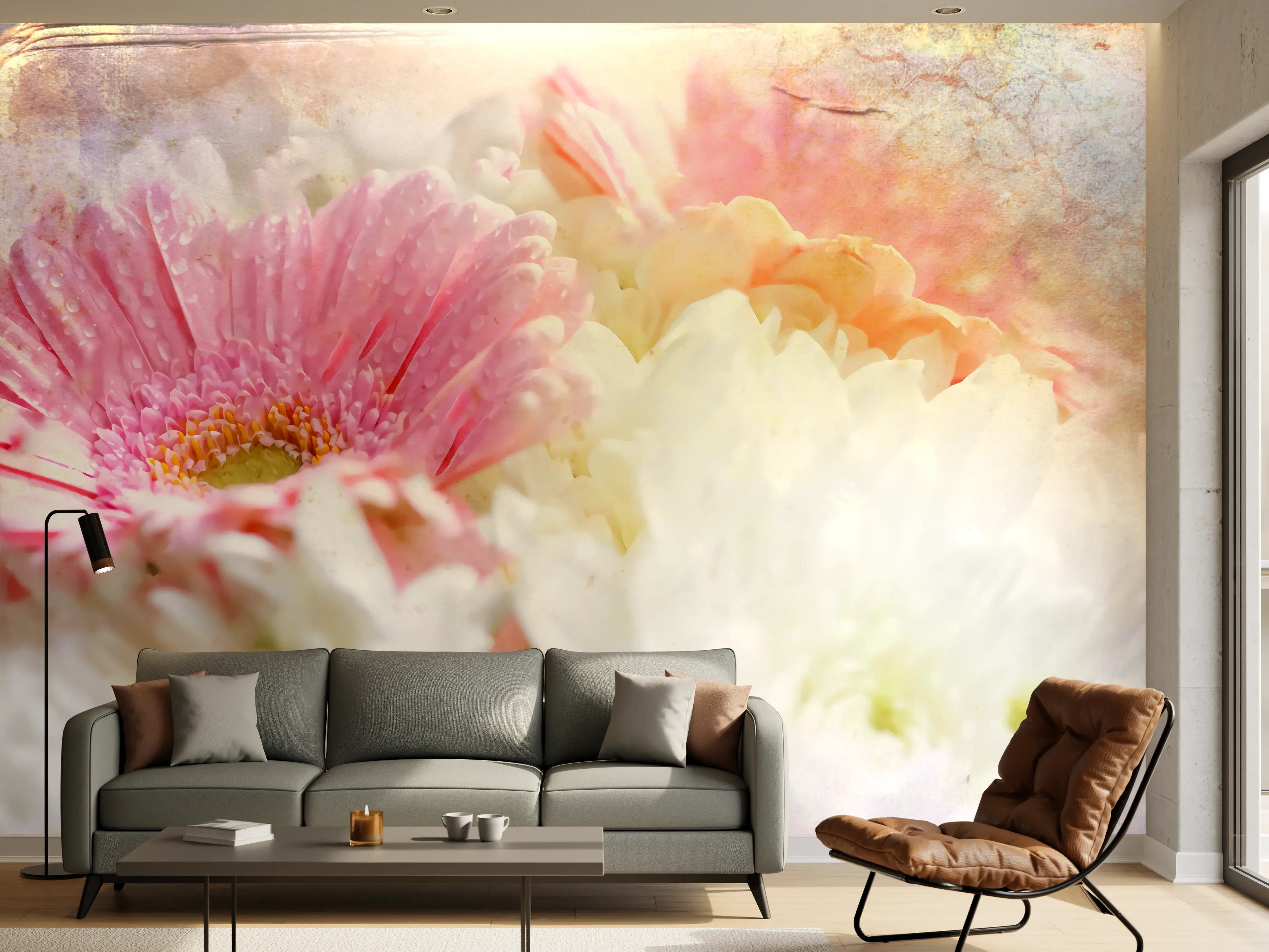Wandverkleidung Wohnzimmer - Blumen in sanften Pastellfarben