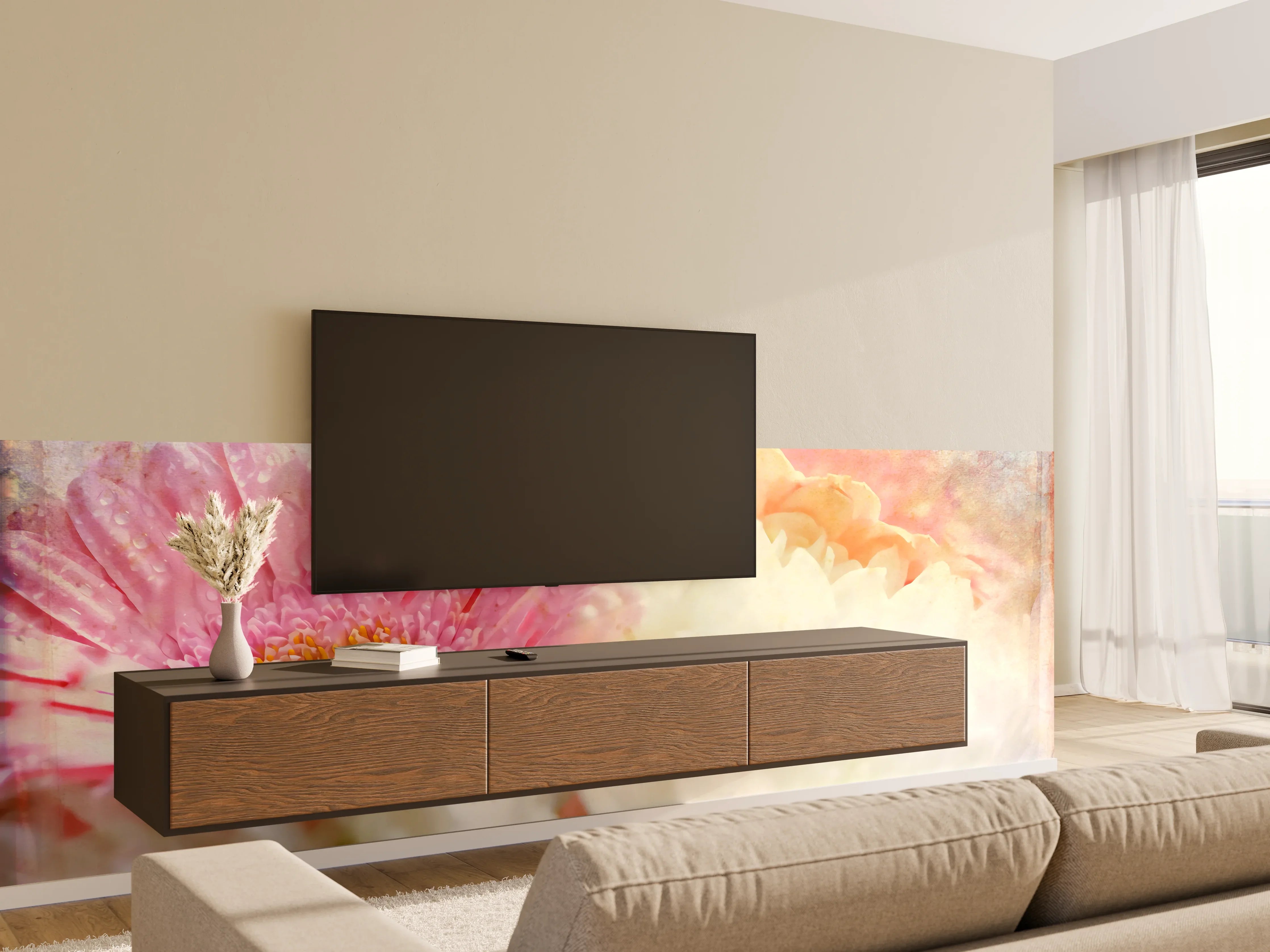Wandverkleidung Wohnzimmer - Blumen in sanften Pastellfarben