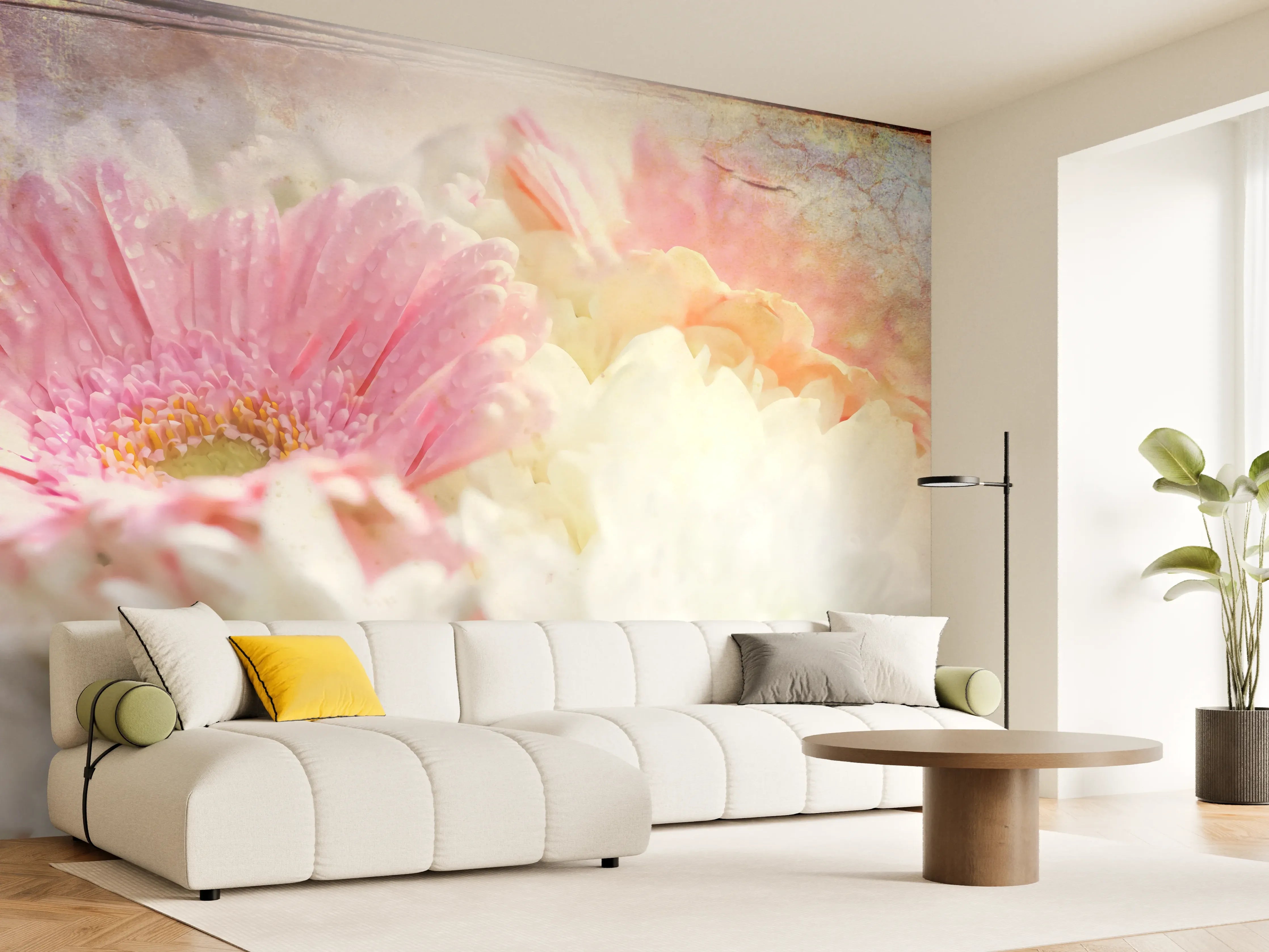 Wandverkleidung Wohnzimmer - Blumen in sanften Pastellfarben