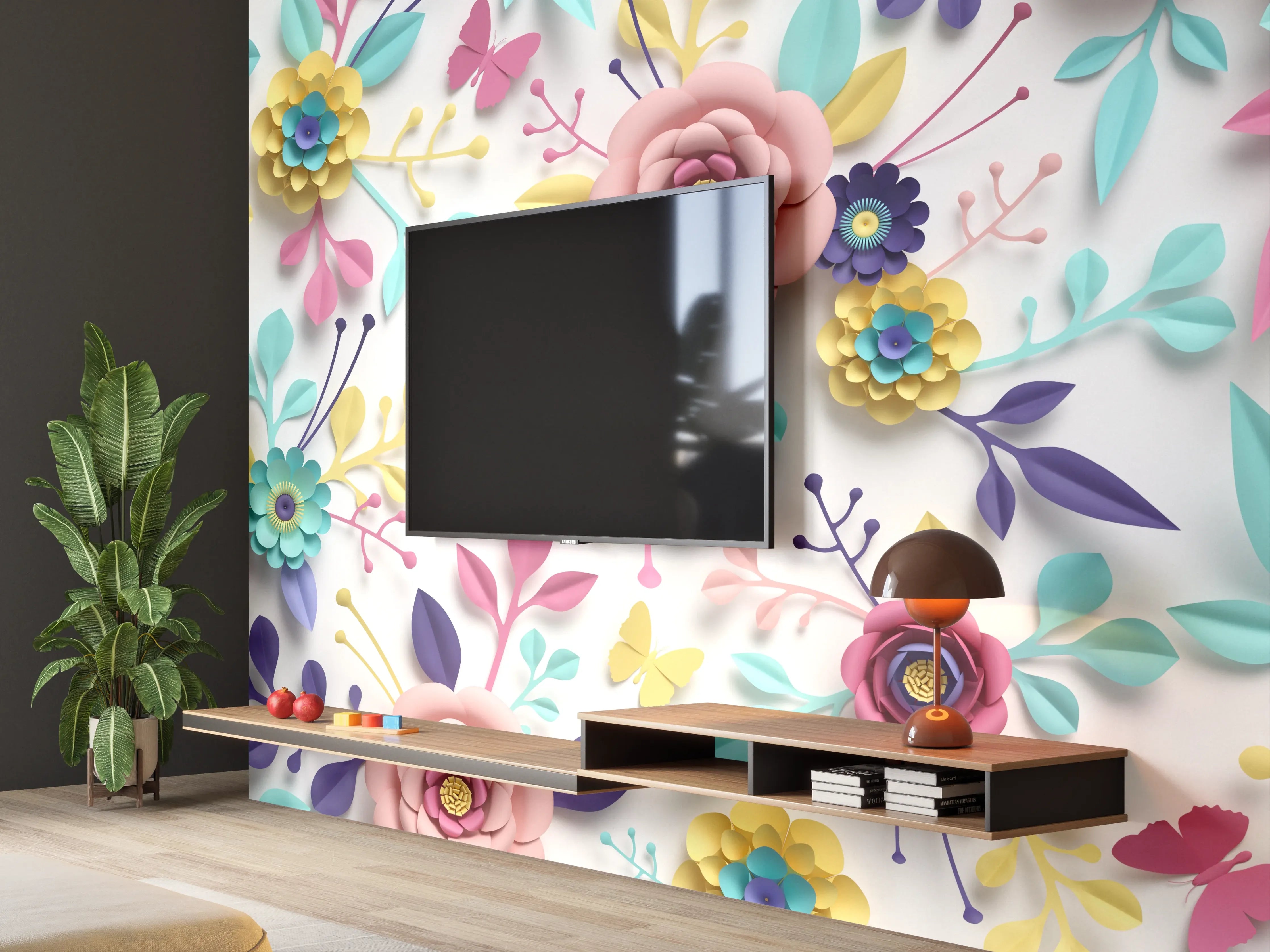 Wandverkleidung Wohnzimmer - Blumen und Schmetterlinge im Frühlingsdesign