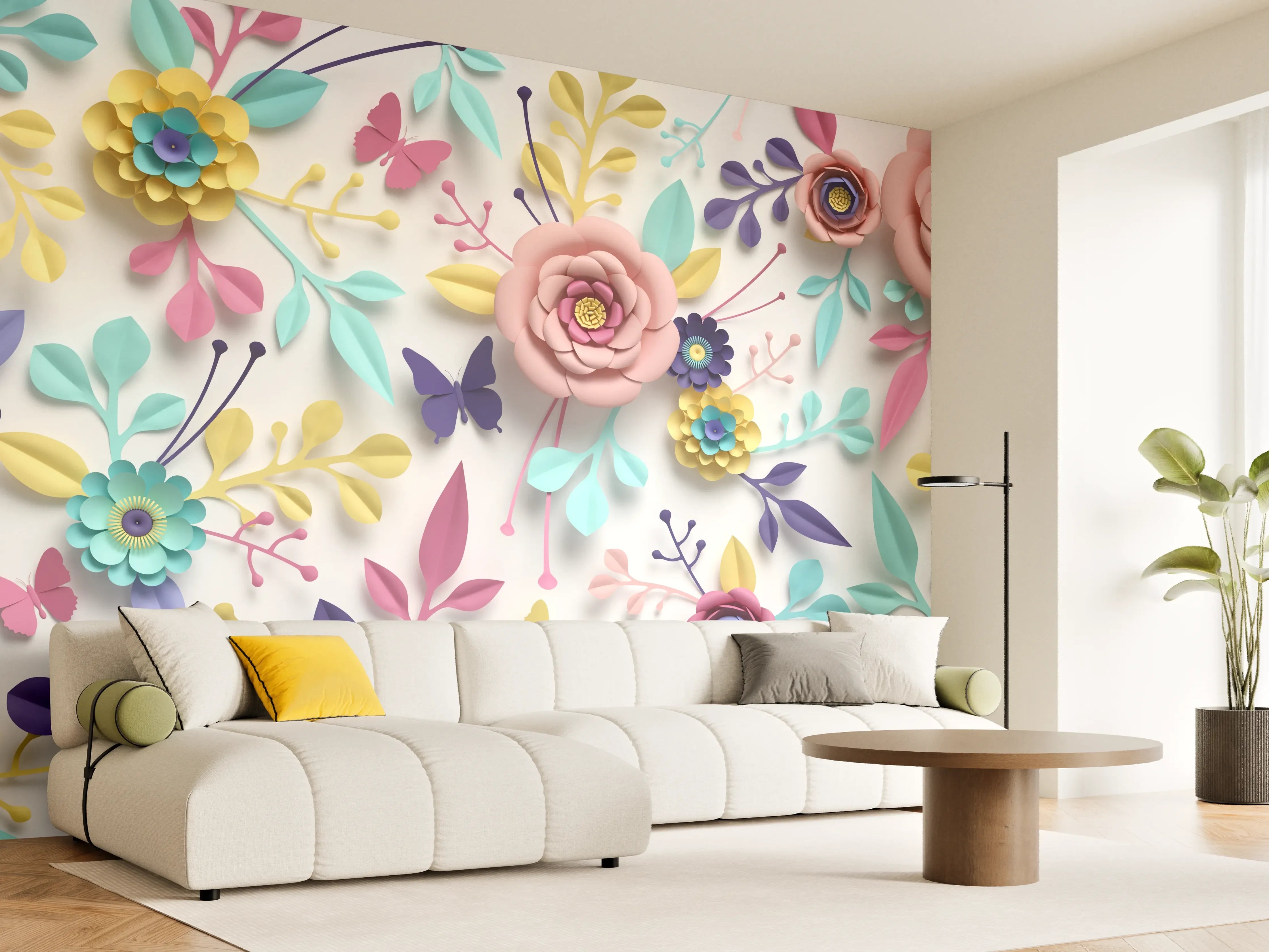 Wandverkleidung Wohnzimmer - Blumen und Schmetterlinge im Frühlingsdesign