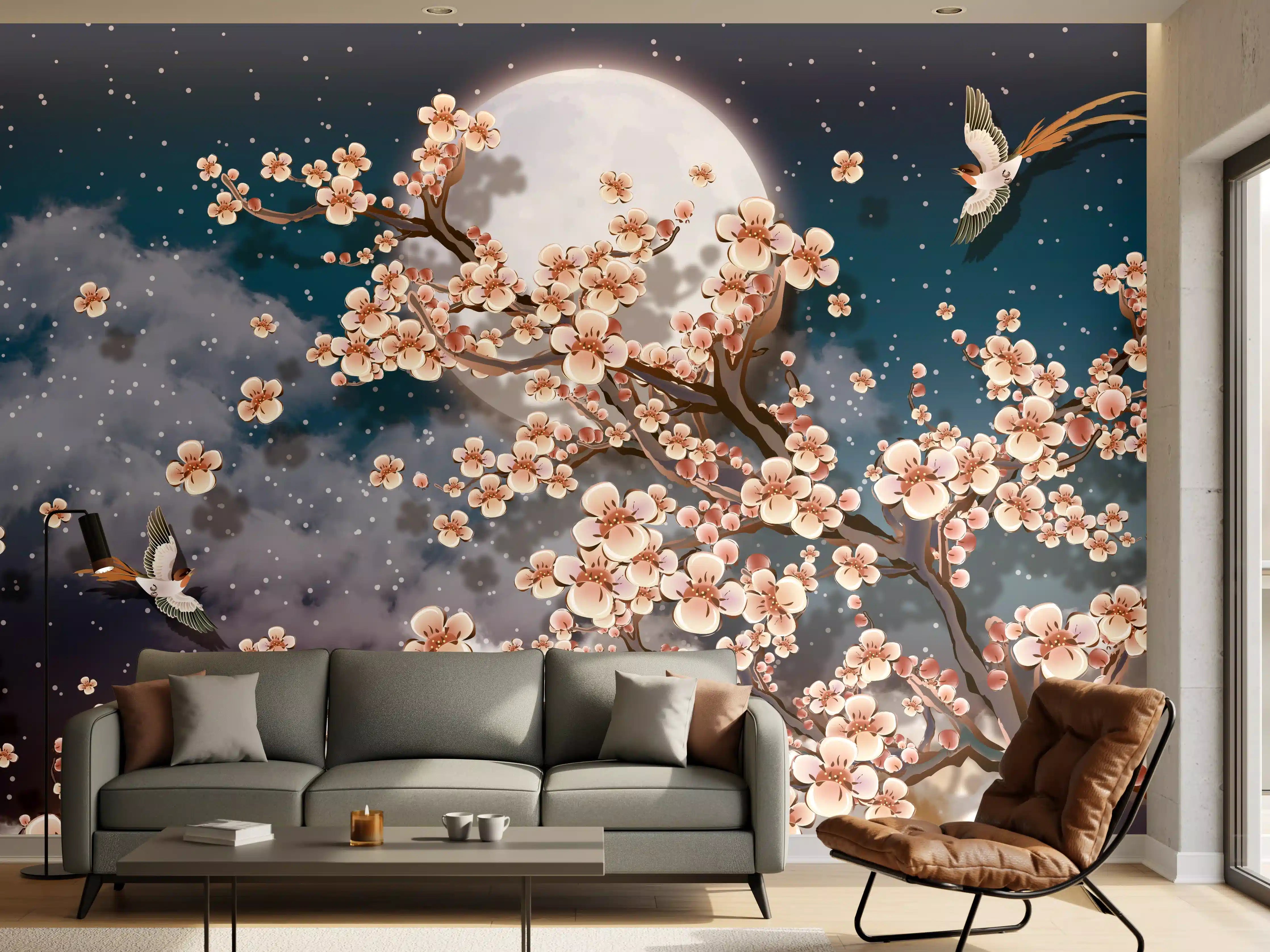 Wandverkleidung Wohnzimmer - Blumen und Vögel - Floral