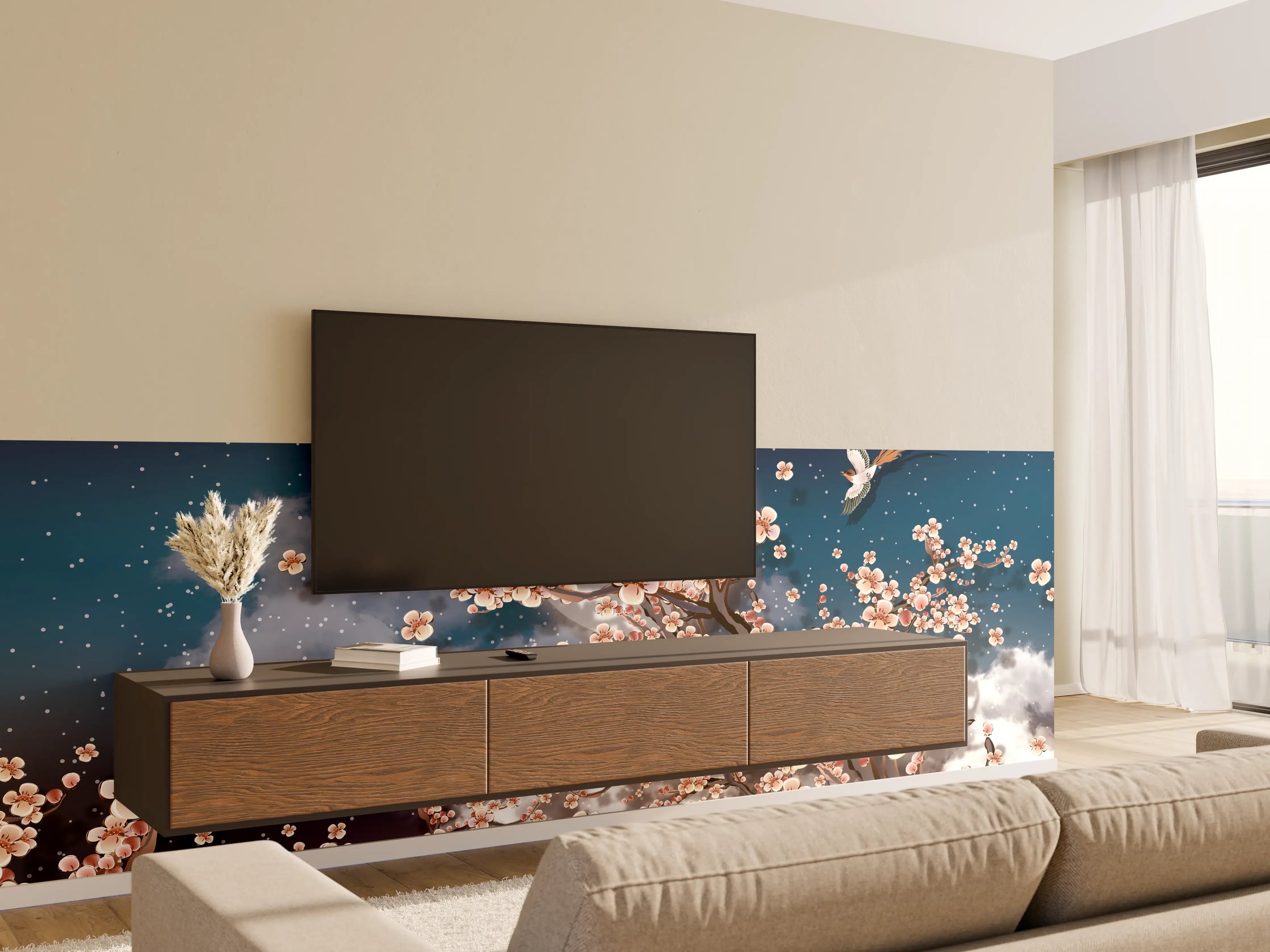Wandverkleidung Wohnzimmer - Blumen und Vögel - Floral