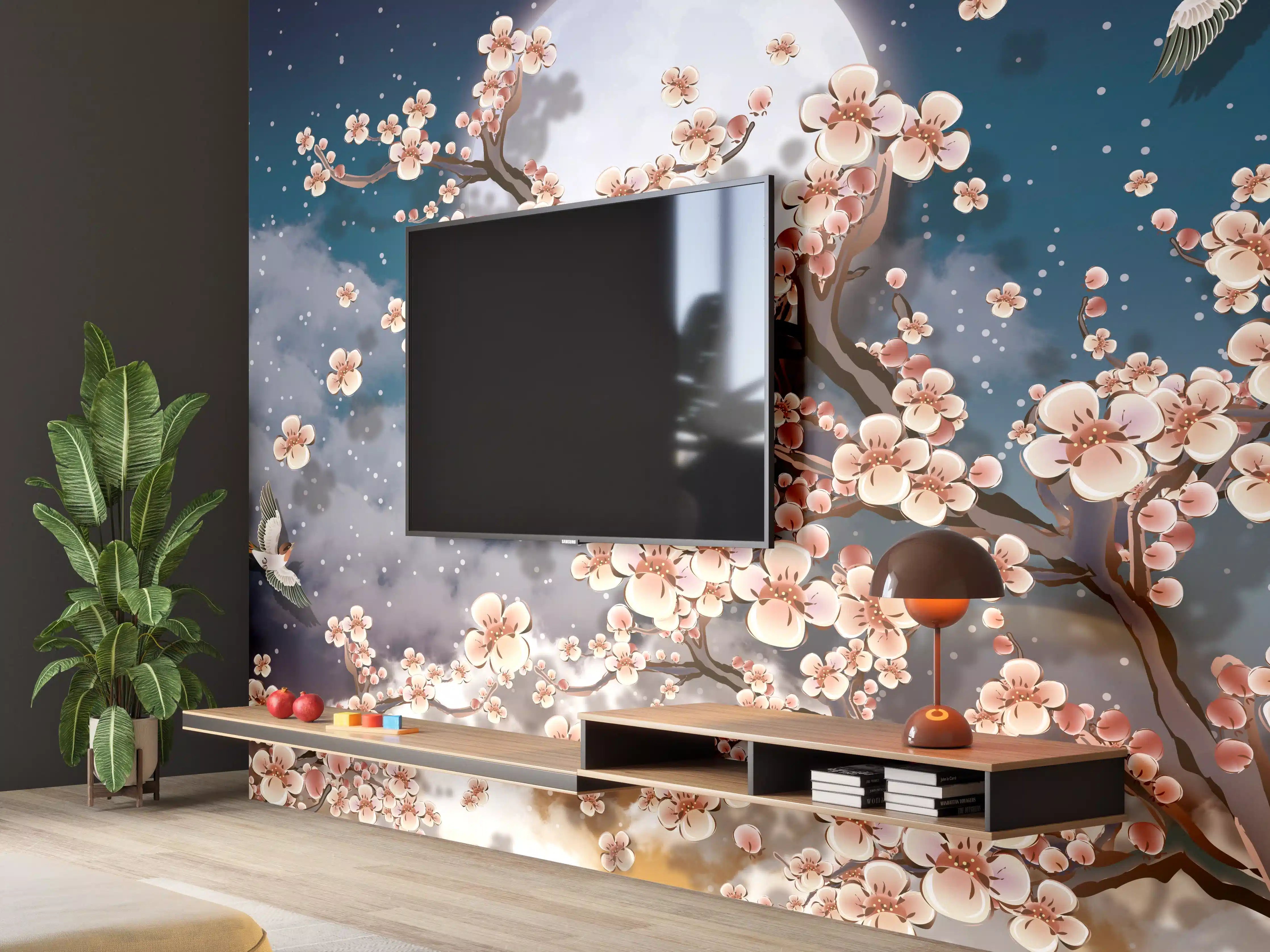Wandverkleidung Wohnzimmer - Blumen und Vögel - Floral