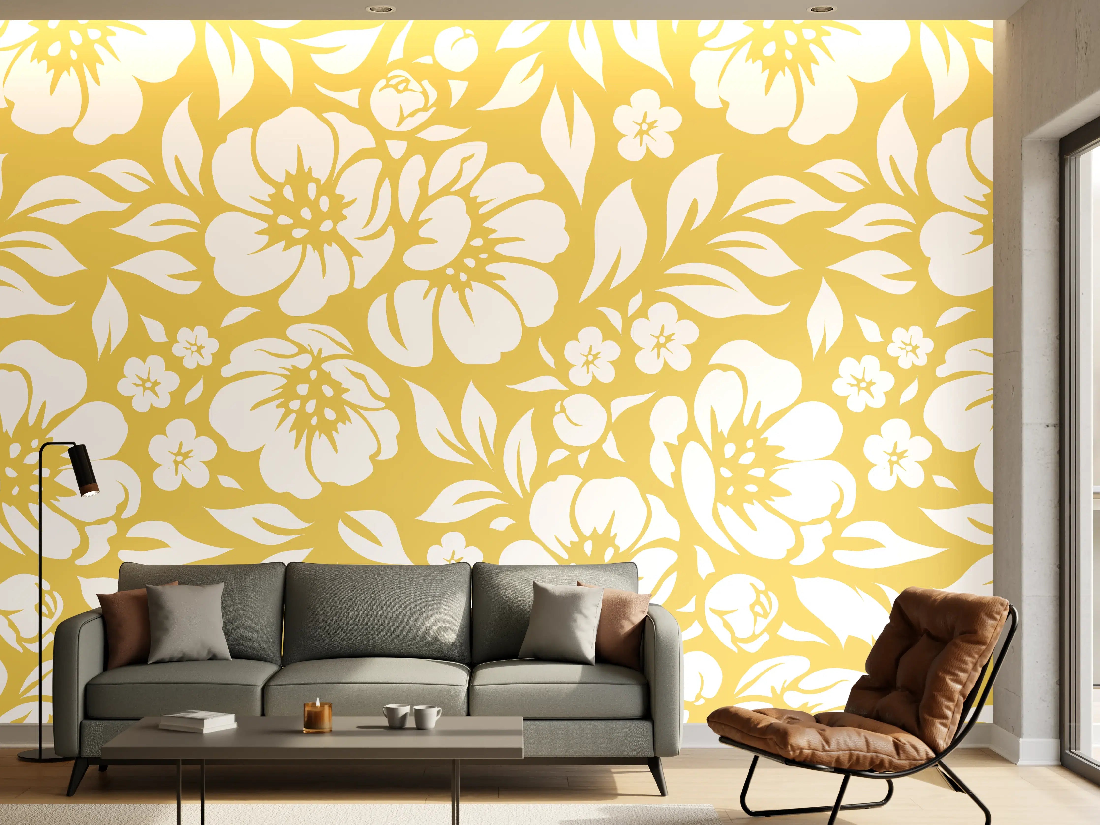 Wandverkleidung Wohnzimmer - Blumendesign in Gold und Weiß