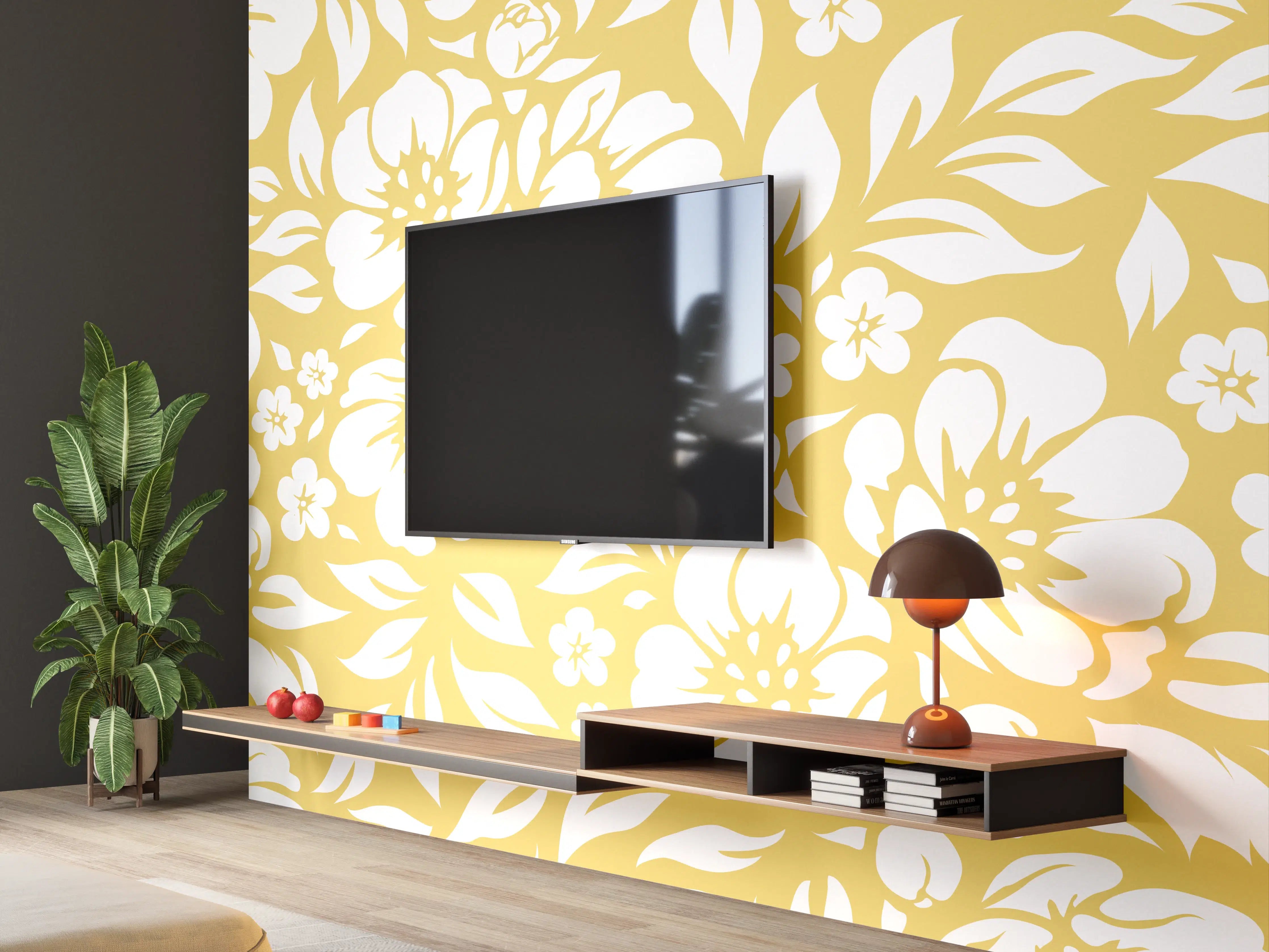 Wandverkleidung Wohnzimmer - Blumendesign in Gold und Weiß