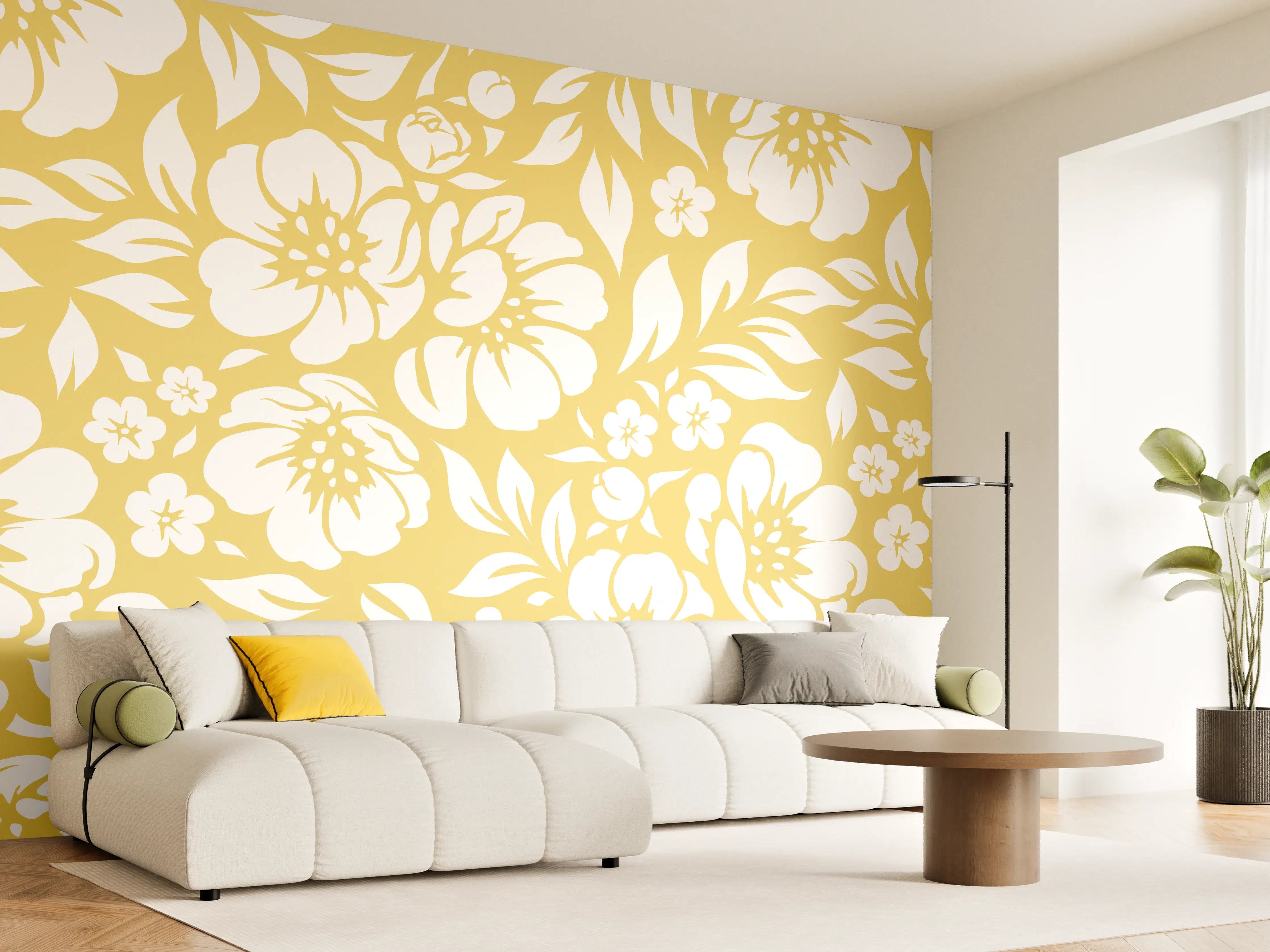 Wandverkleidung Wohnzimmer - Blumendesign in Gold und Weiß