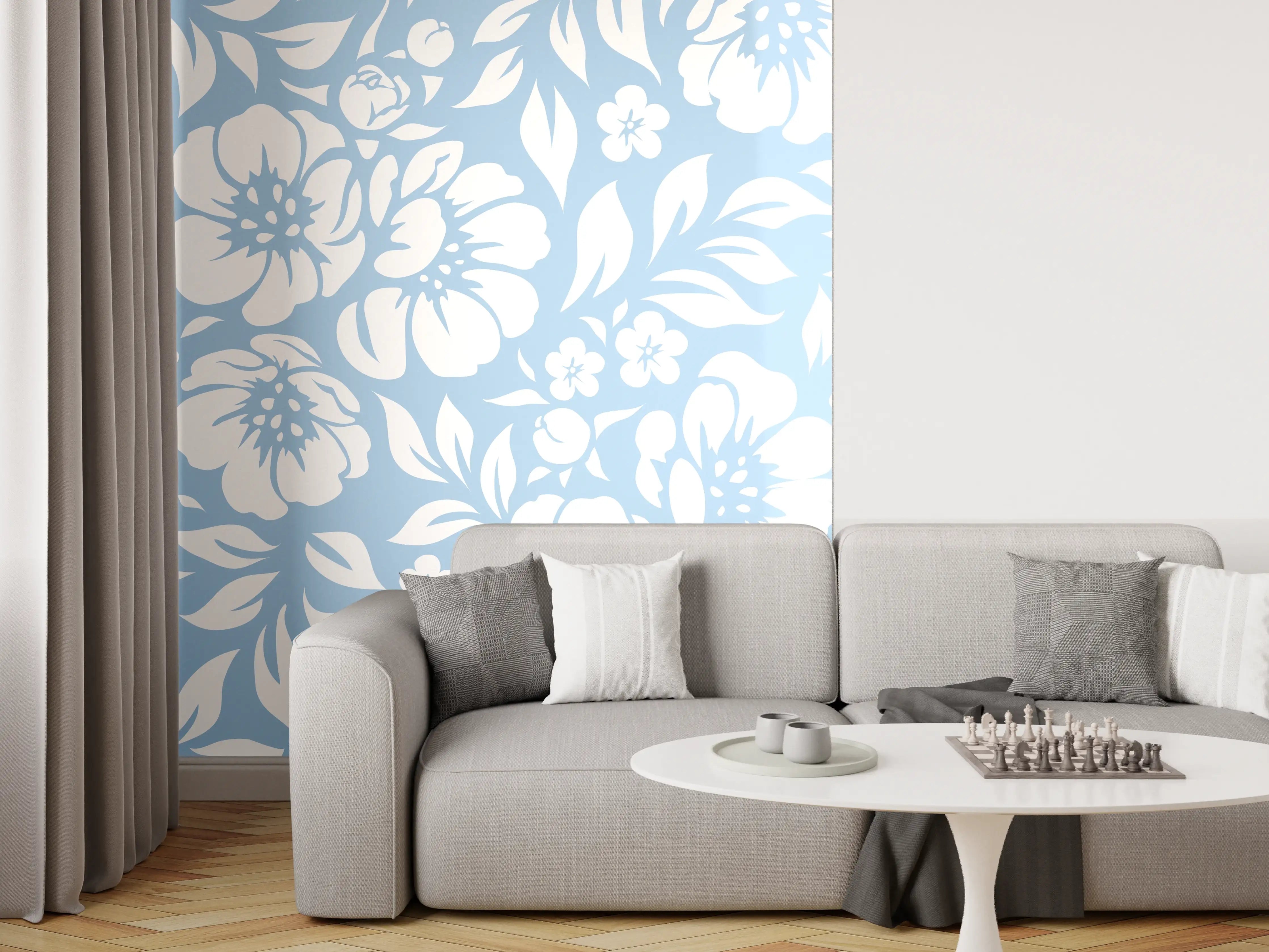 Wandverkleidung Wohnzimmer - Blumendesign mit eleganten weißen Blüten auf hellblauem Hintergrund