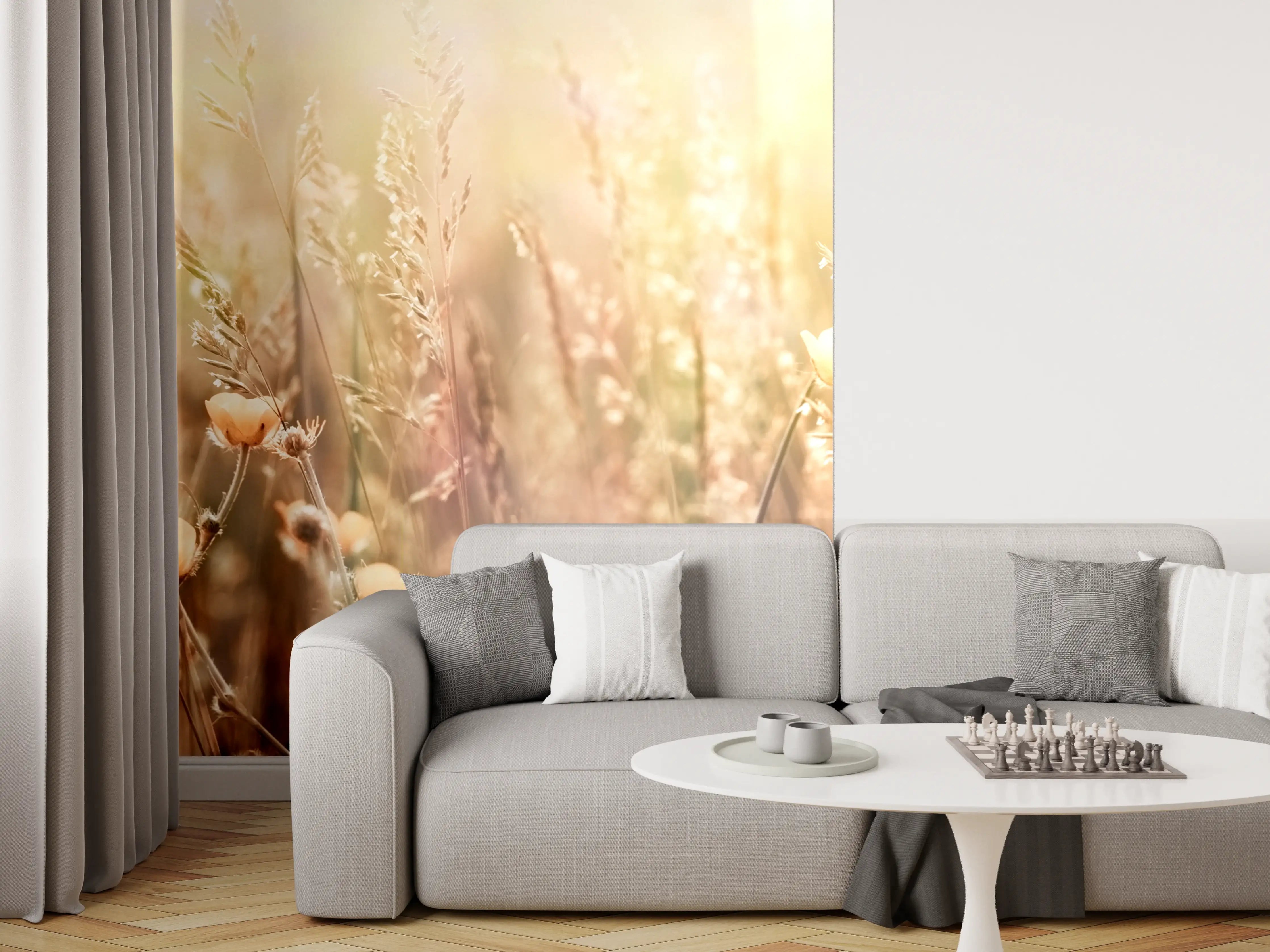 Wandverkleidung Wohnzimmer - Blumenfeld mit Sonnenstrahlen
