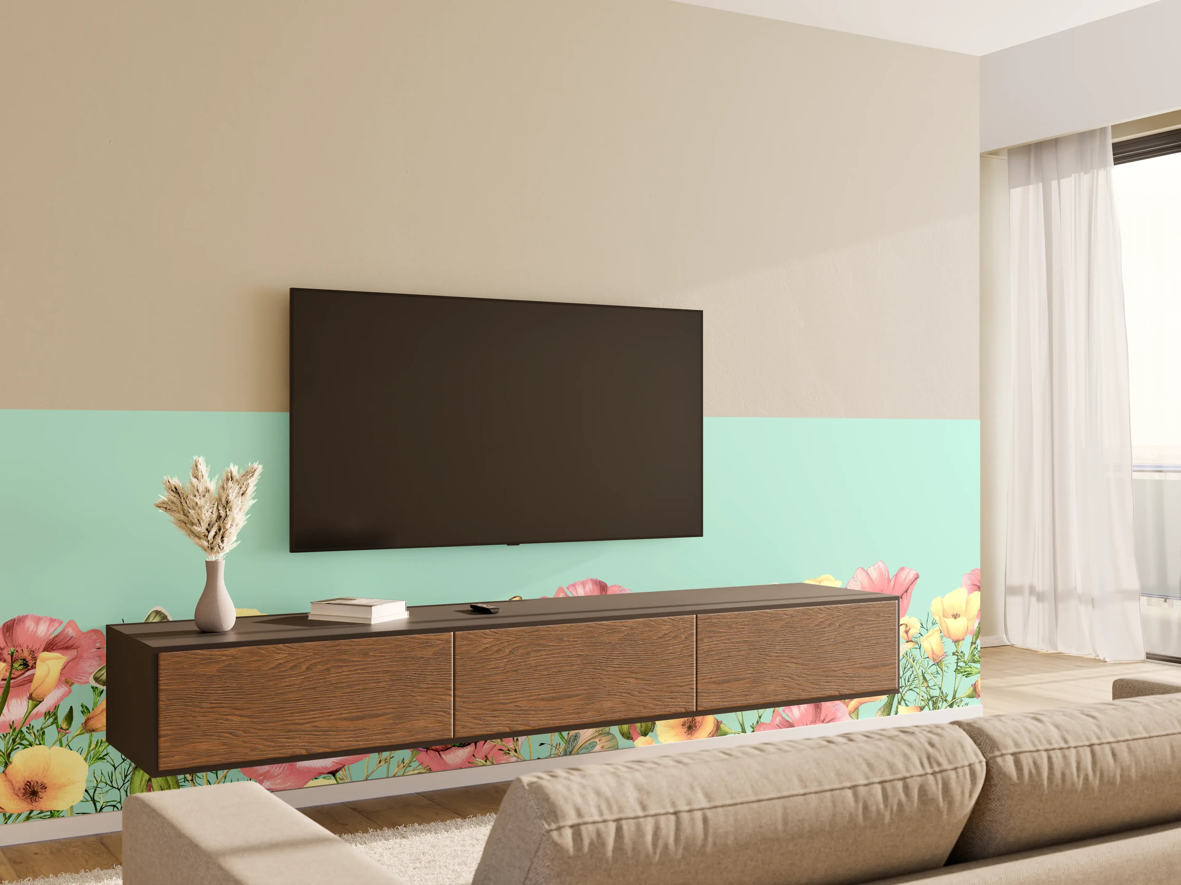 Wandverkleidung Wohnzimmer - Blumengarten im Frühling