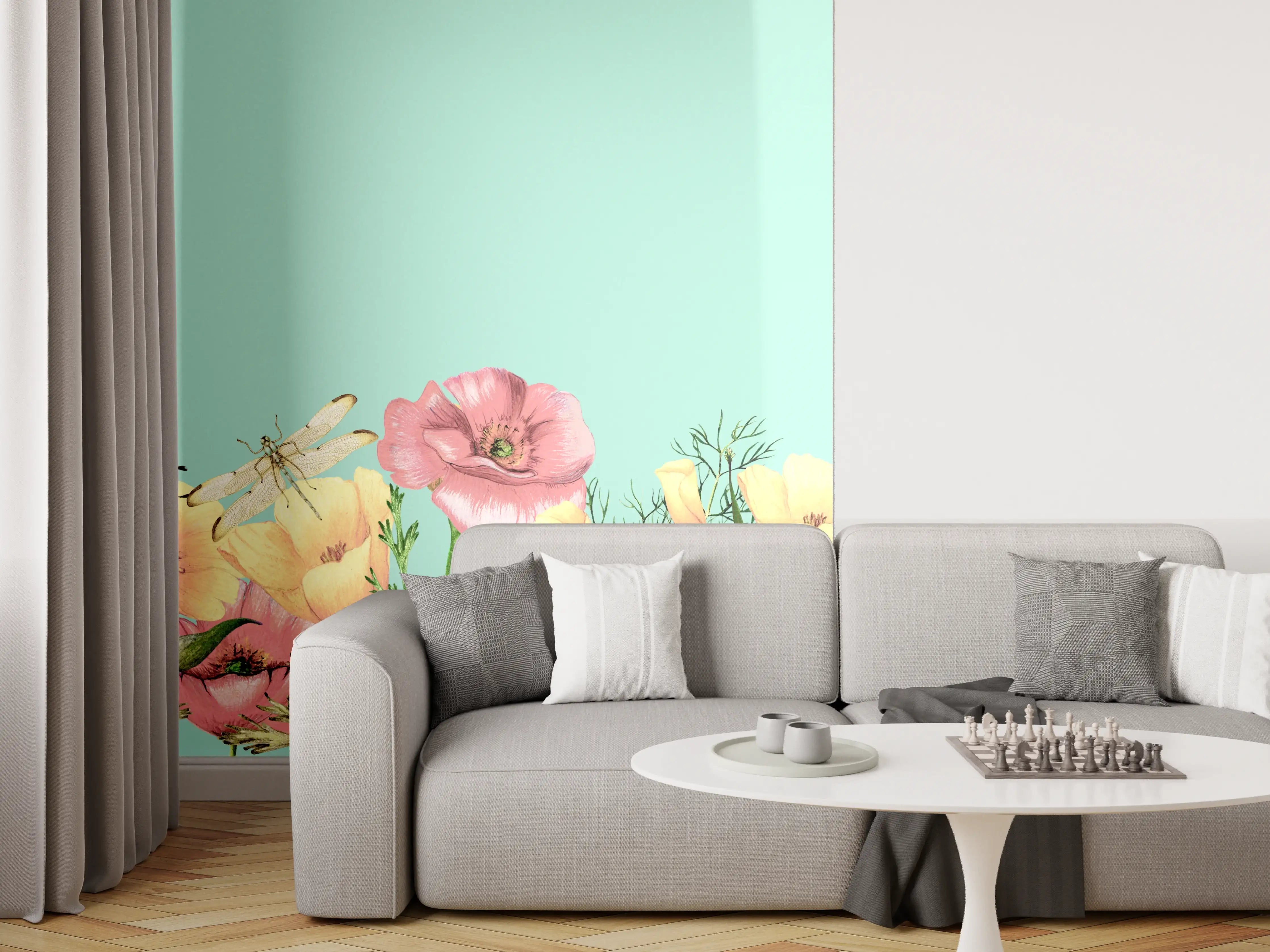 Wandverkleidung Wohnzimmer - Blumengarten im Frühling