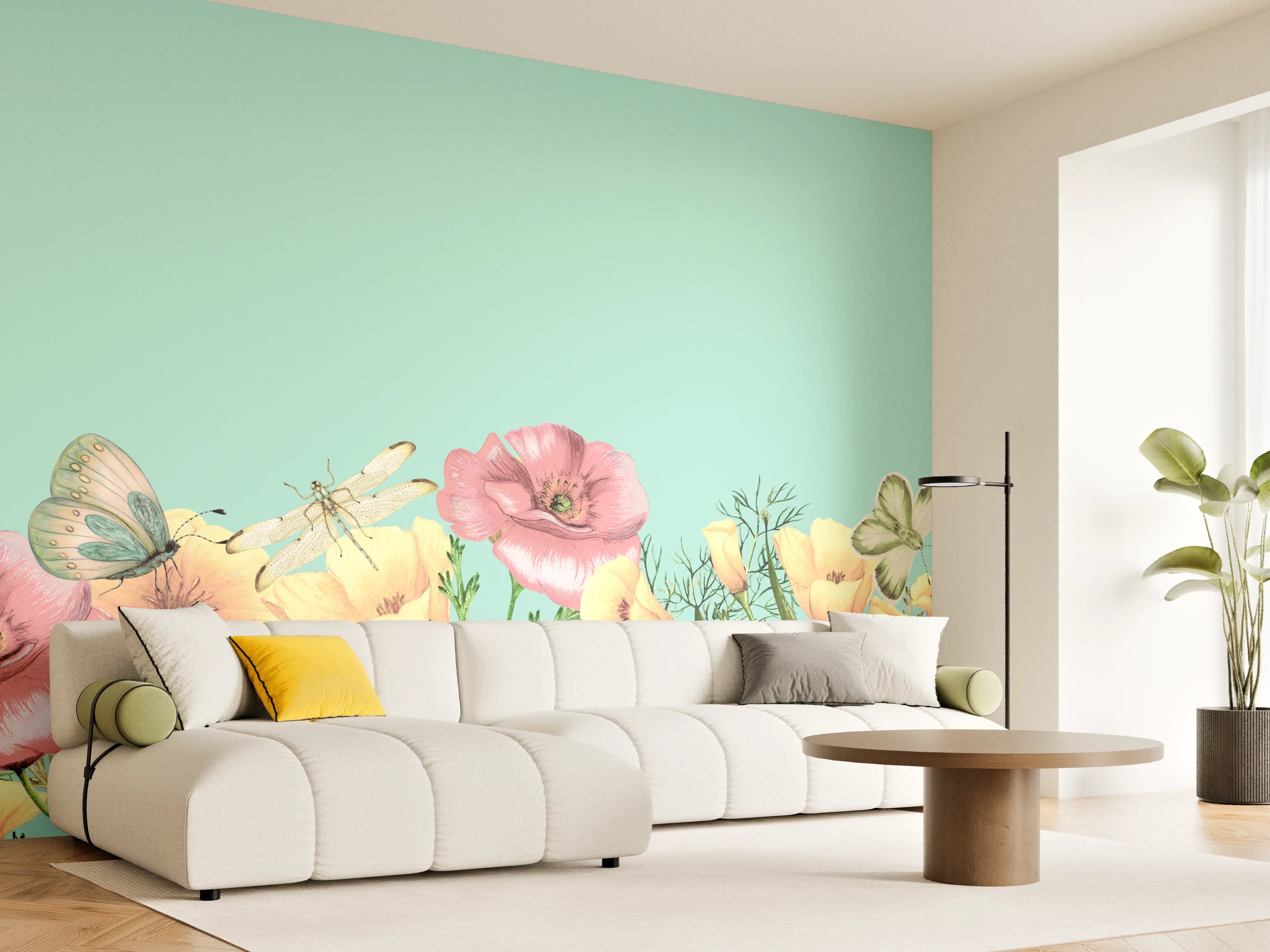 Wandverkleidung Wohnzimmer - Blumengarten im Frühling