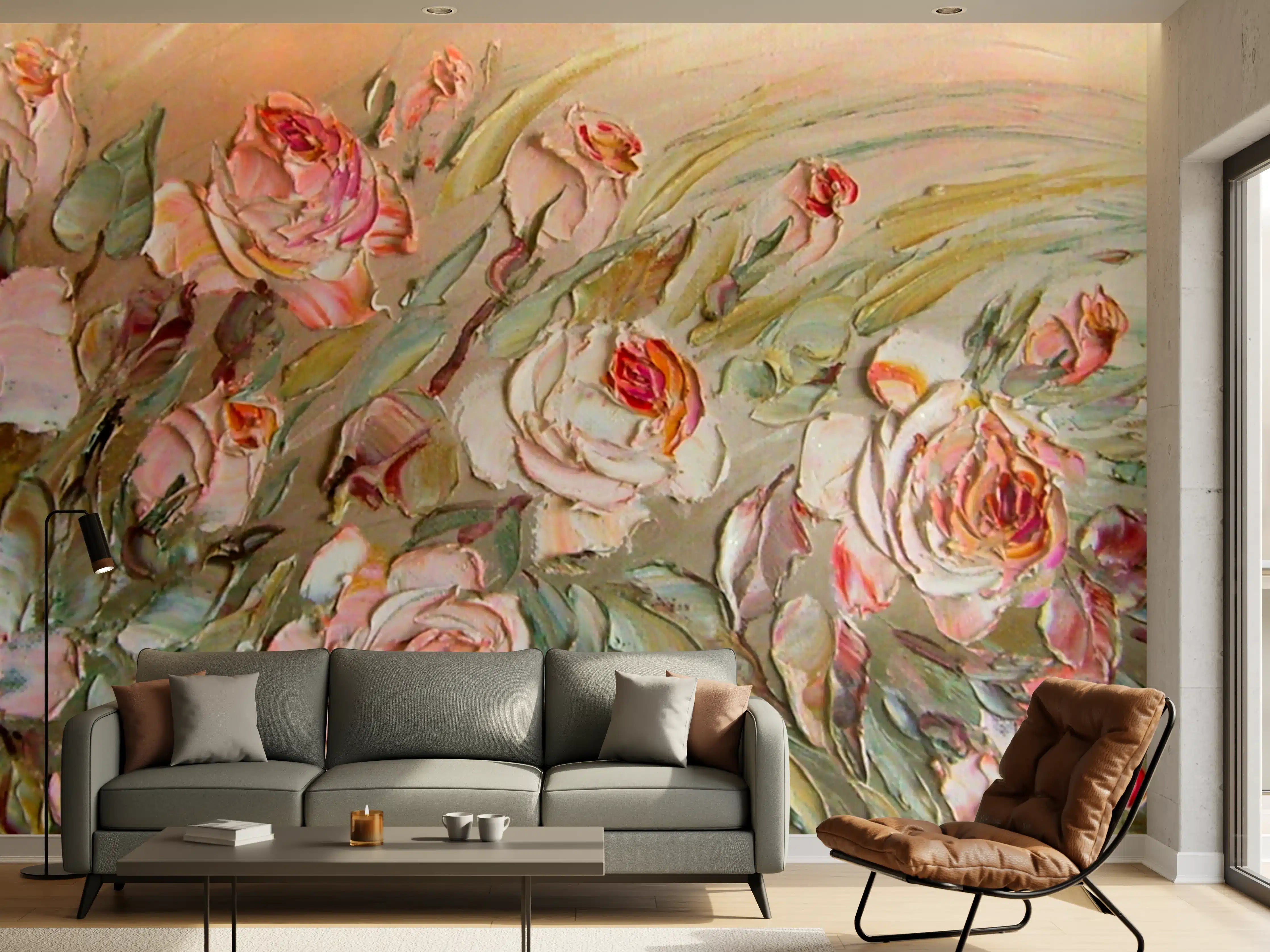 Wandverkleidung Wohnzimmer - Blumenmeer in zarten Pastelltönen