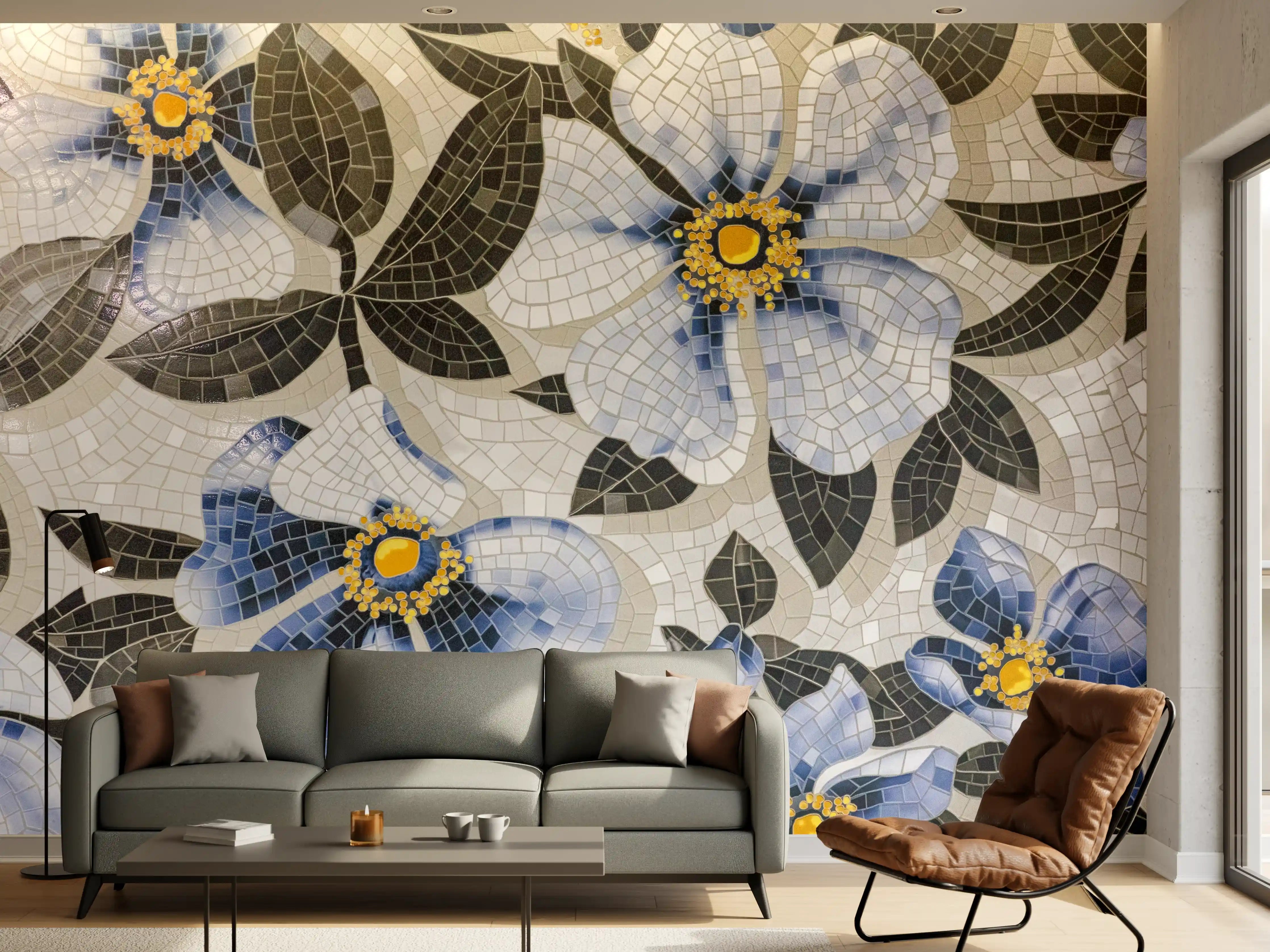 Wandverkleidung Wohnzimmer - Blumenmosaik in Grau-Blau-Tönen