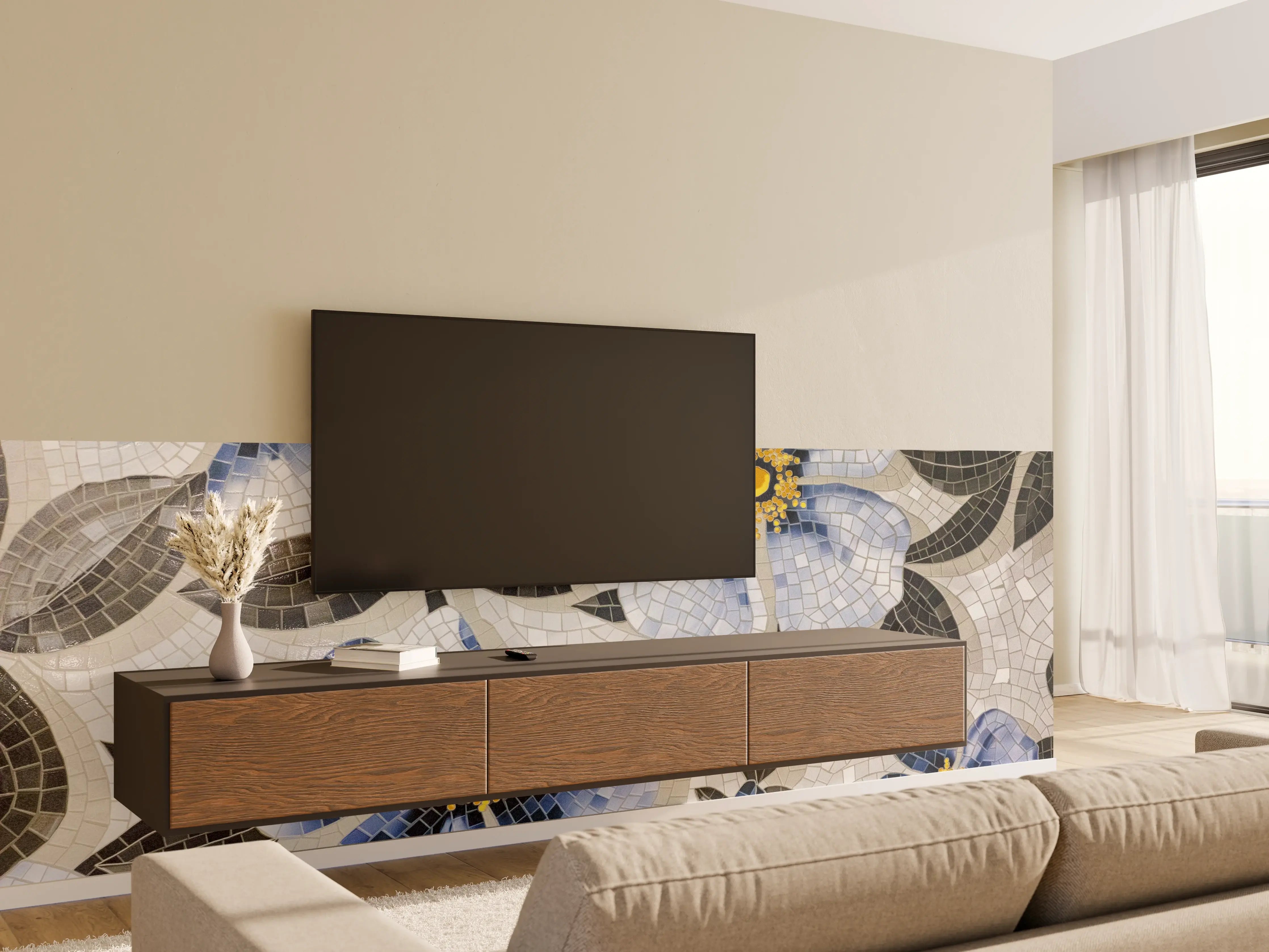 Wandverkleidung Wohnzimmer - Blumenmosaik in Grau-Blau-Tönen
