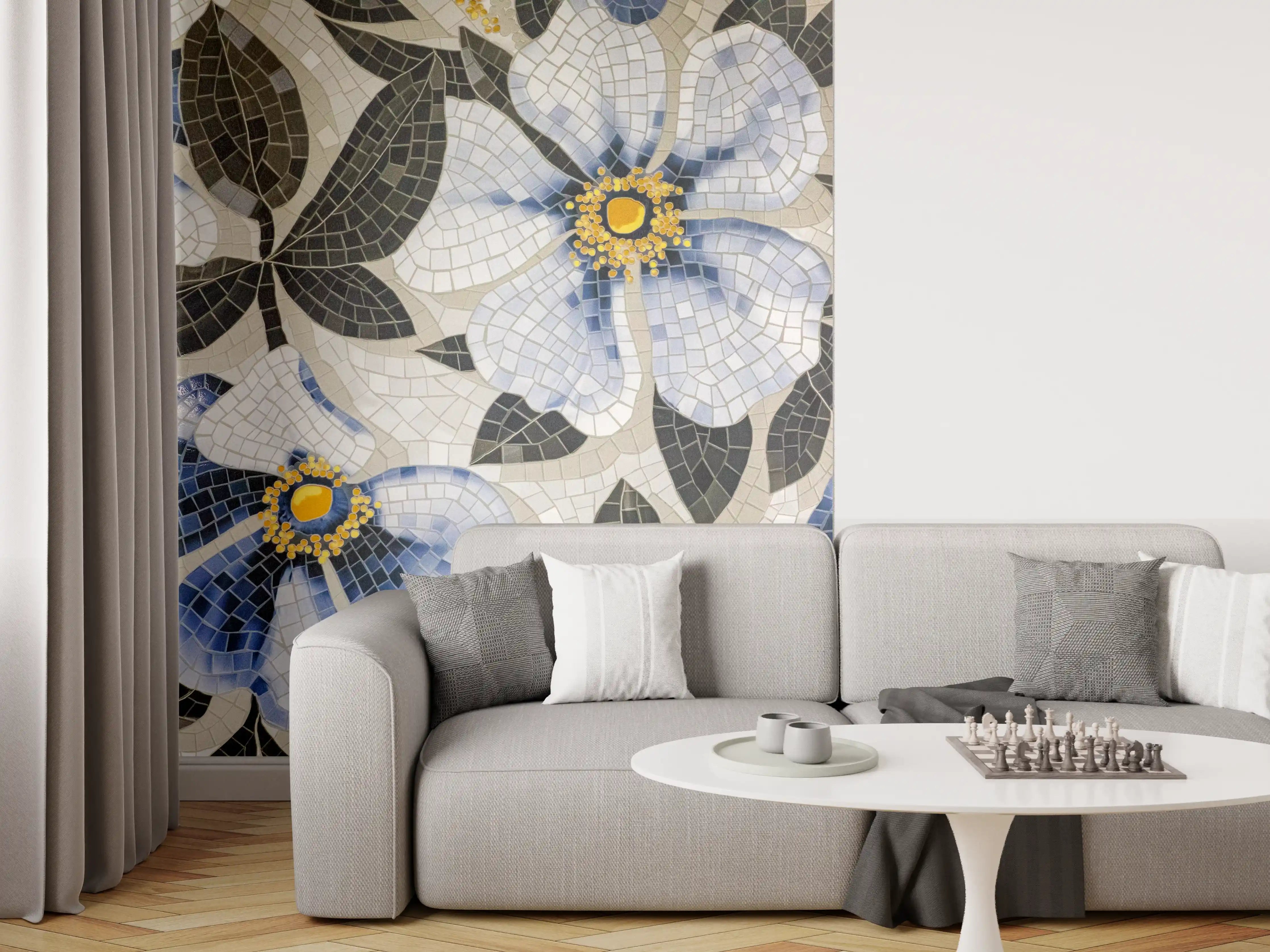Wandverkleidung Wohnzimmer - Blumenmosaik in Grau-Blau-Tönen