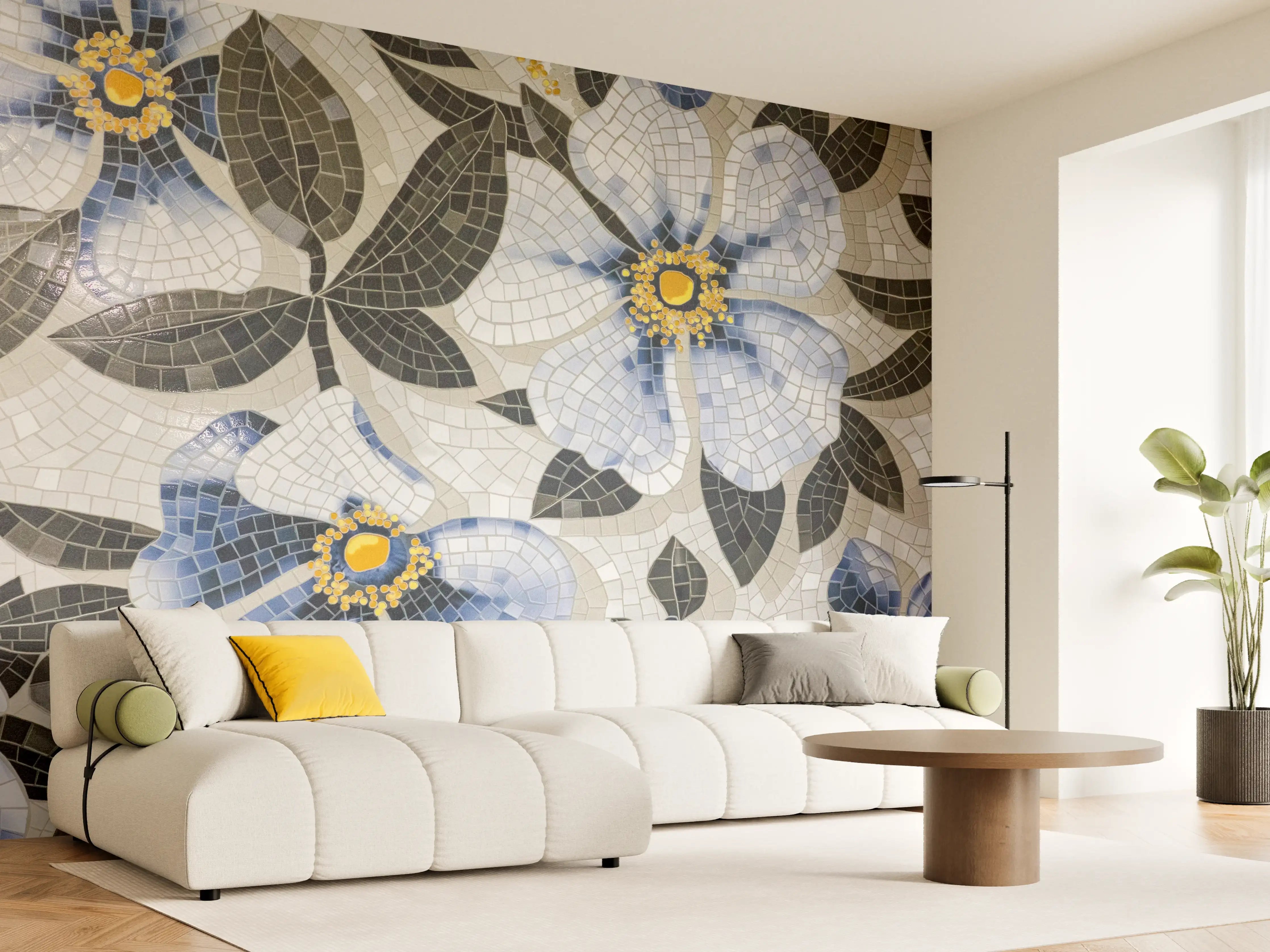 Wandverkleidung Wohnzimmer - Blumenmosaik in Grau-Blau-Tönen
