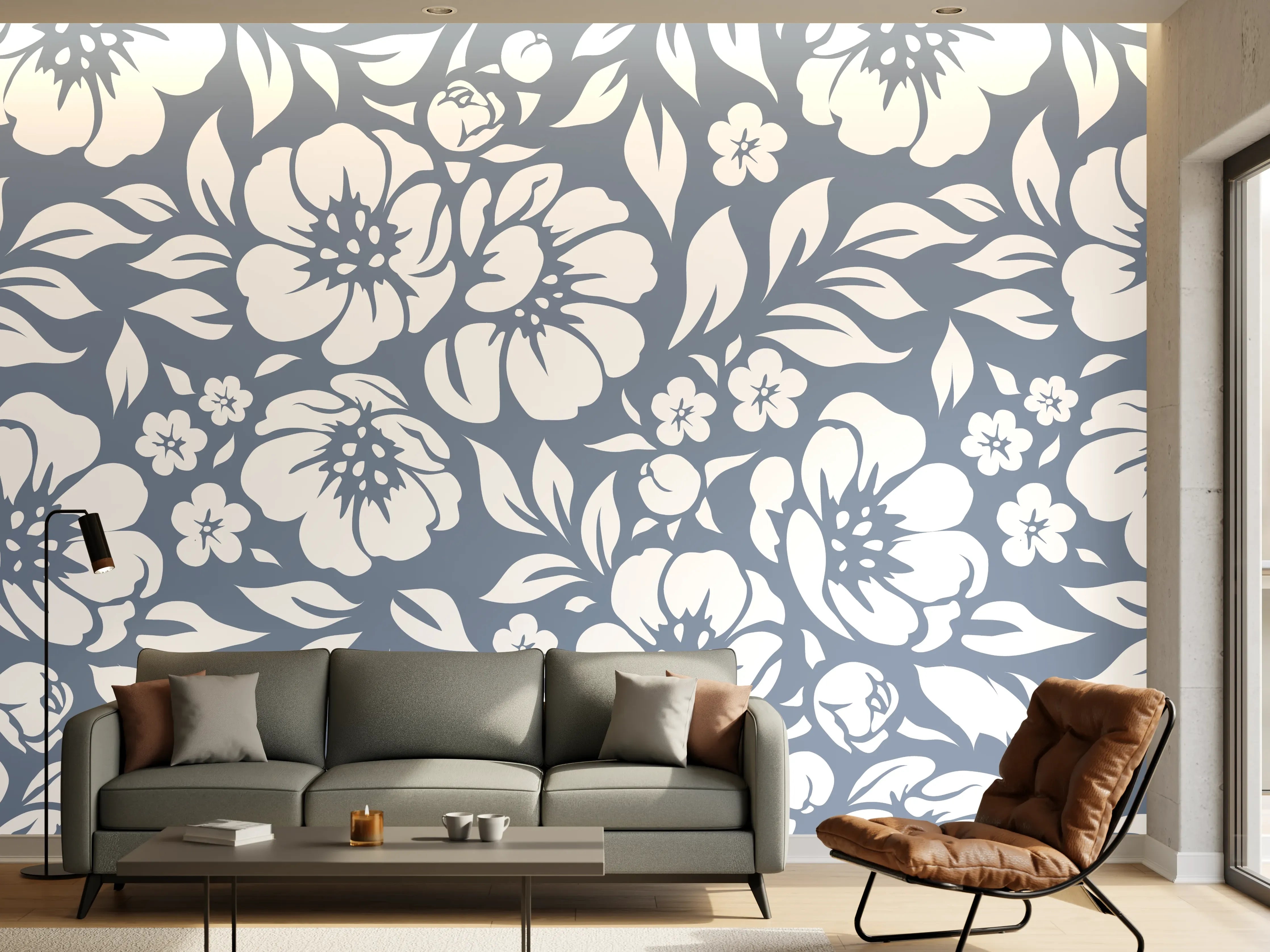 Wandverkleidung Wohnzimmer - Blumenmuster Design in Blau und Weiß