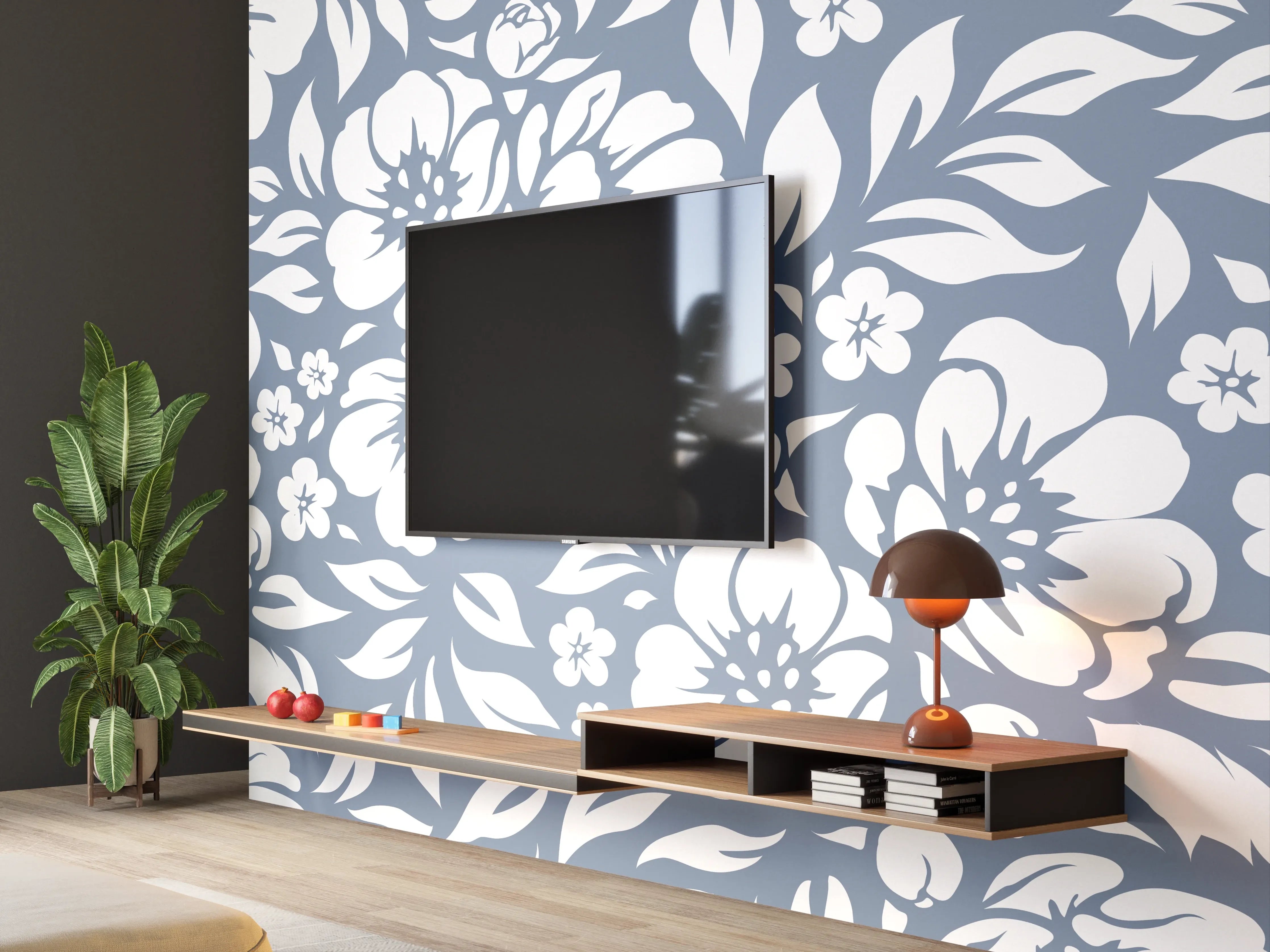 Wandverkleidung Wohnzimmer - Blumenmuster Design in Blau und Weiß