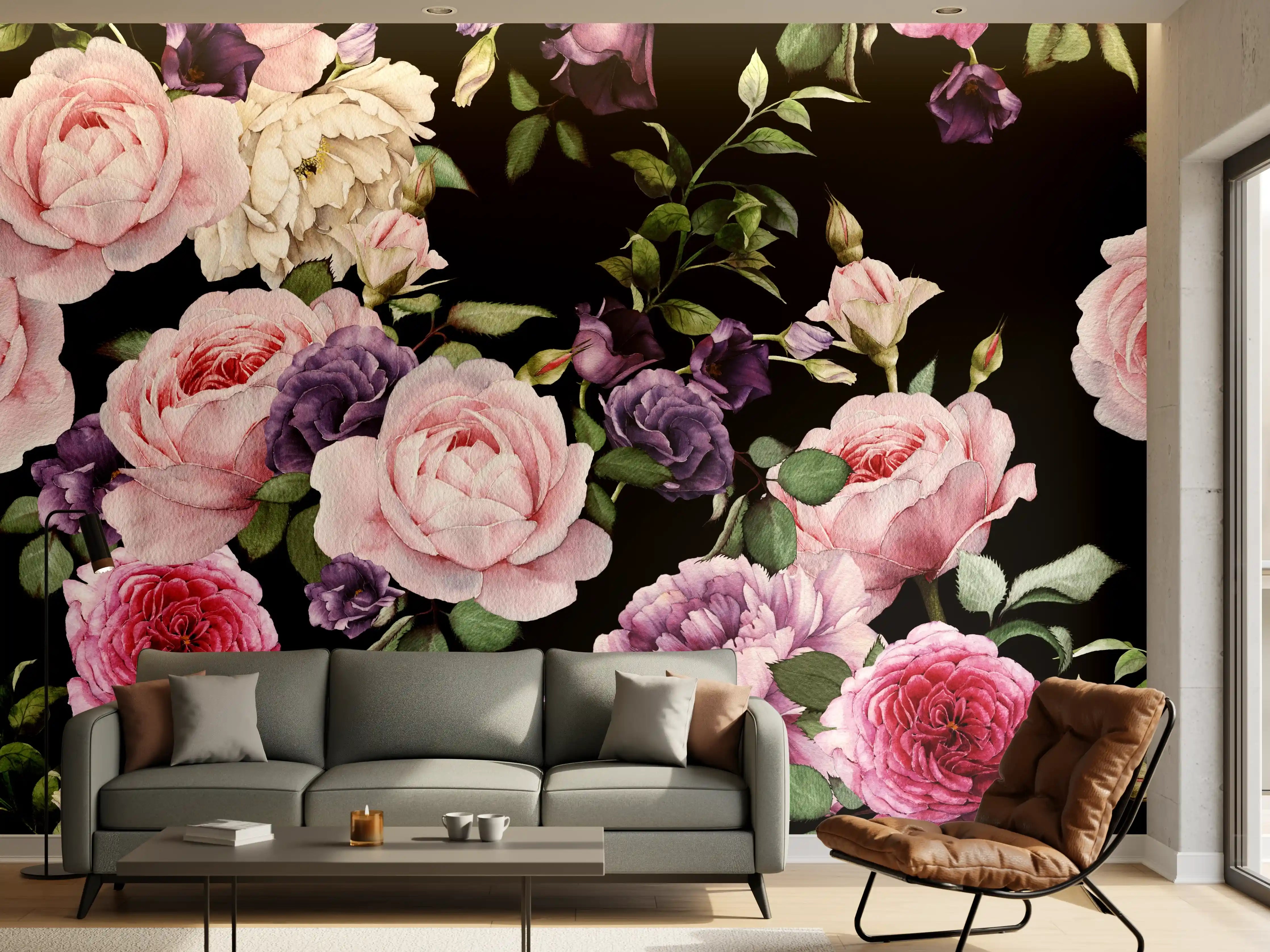 Wandverkleidung Wohnzimmer - Blumenmuster Design mit Rosen und Flieder auf dunklem Hintergrund