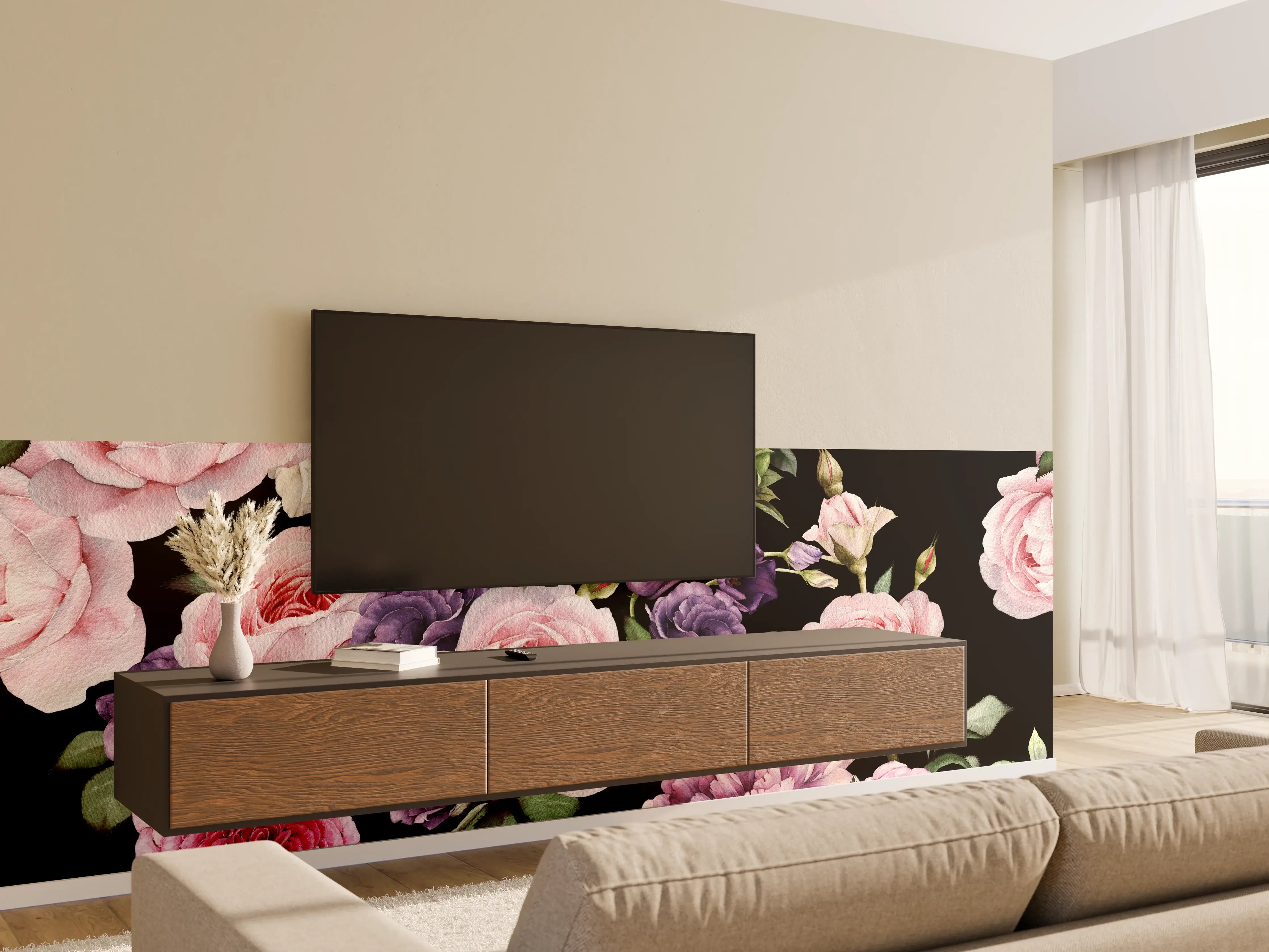 Wandverkleidung Wohnzimmer - Blumenmuster Design mit Rosen und Flieder auf dunklem Hintergrund