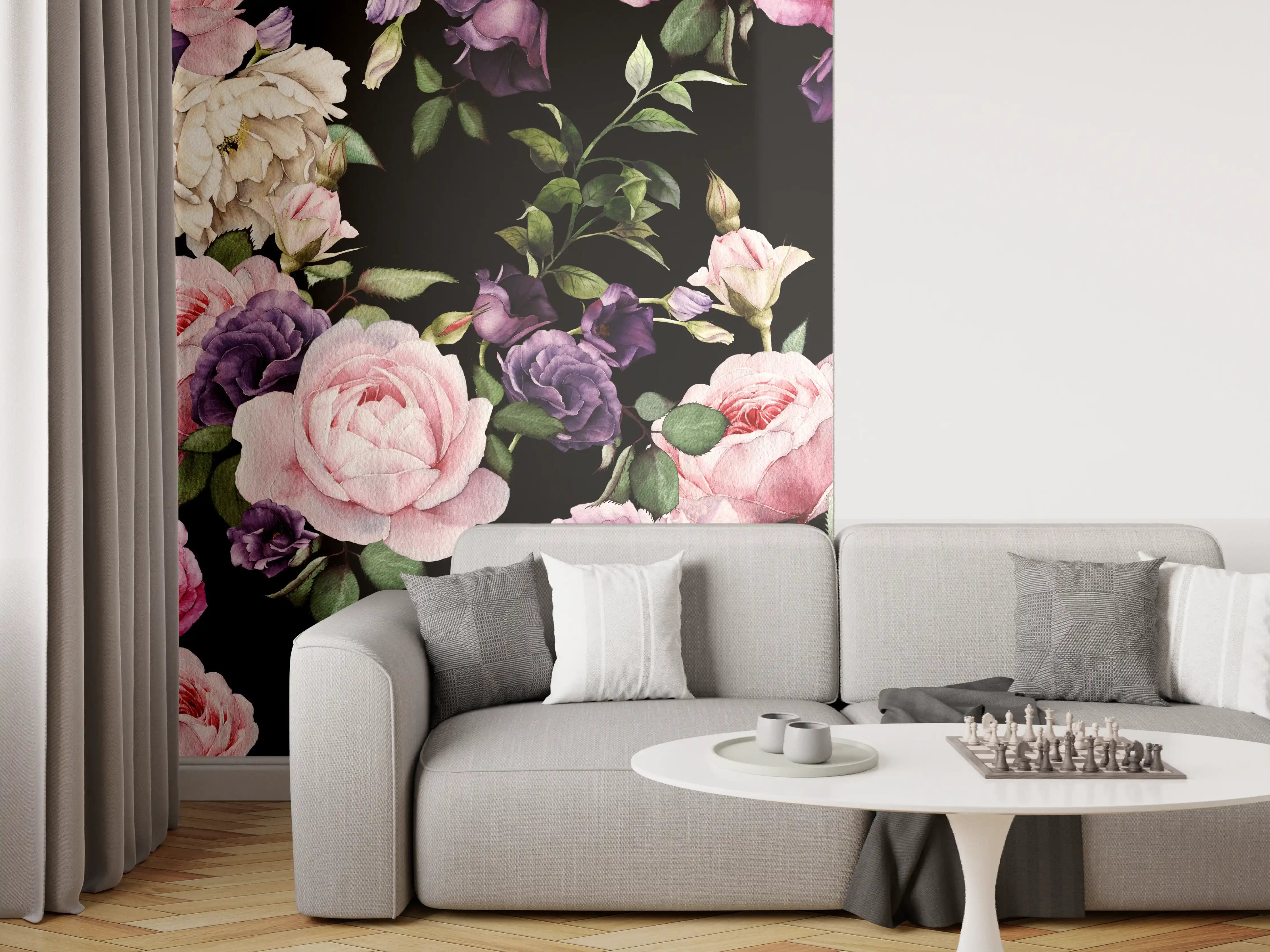 Wandverkleidung Wohnzimmer - Blumenmuster Design mit Rosen und Flieder auf dunklem Hintergrund