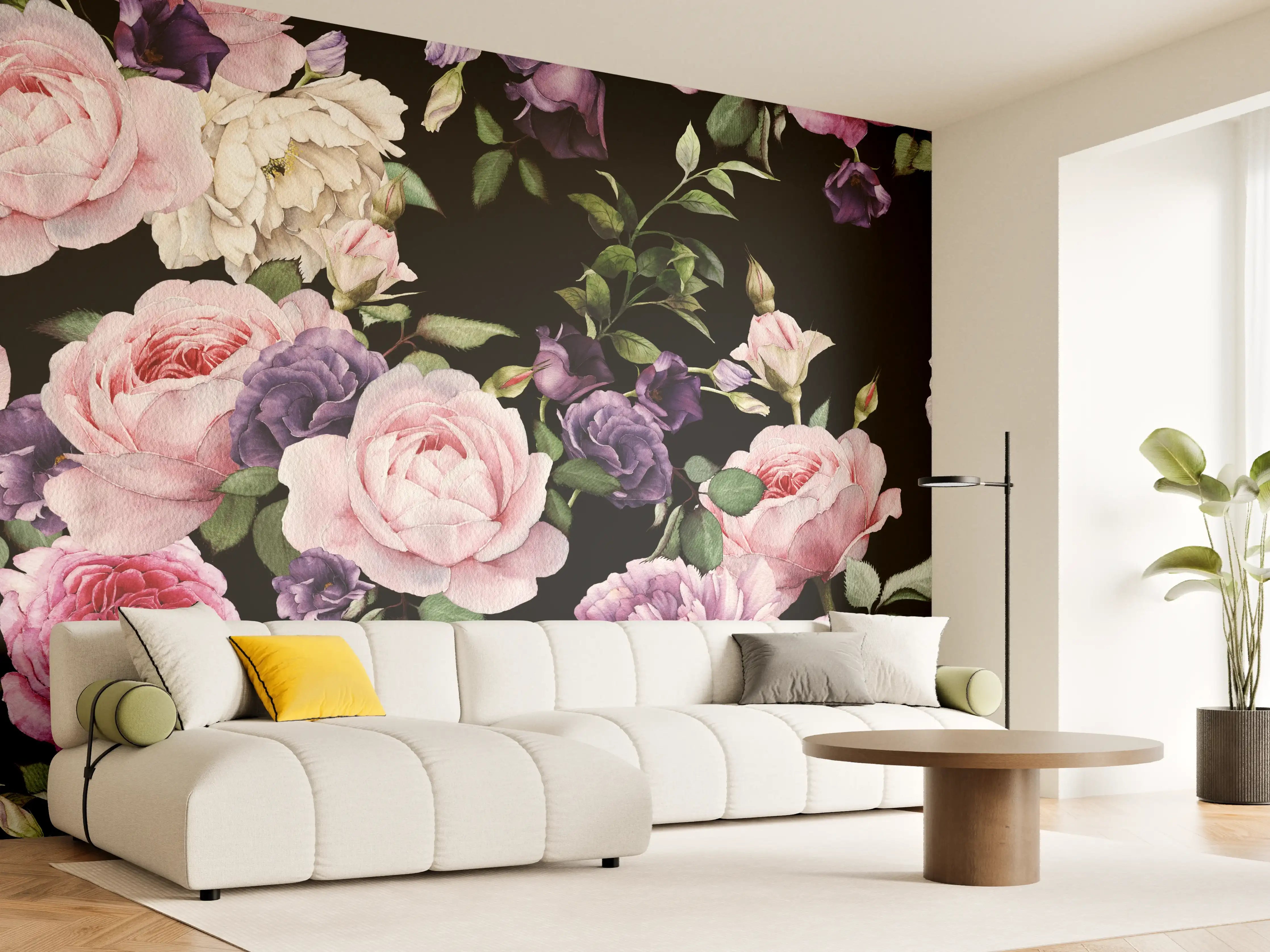 Wandverkleidung Wohnzimmer - Blumenmuster Design mit Rosen und Flieder auf dunklem Hintergrund