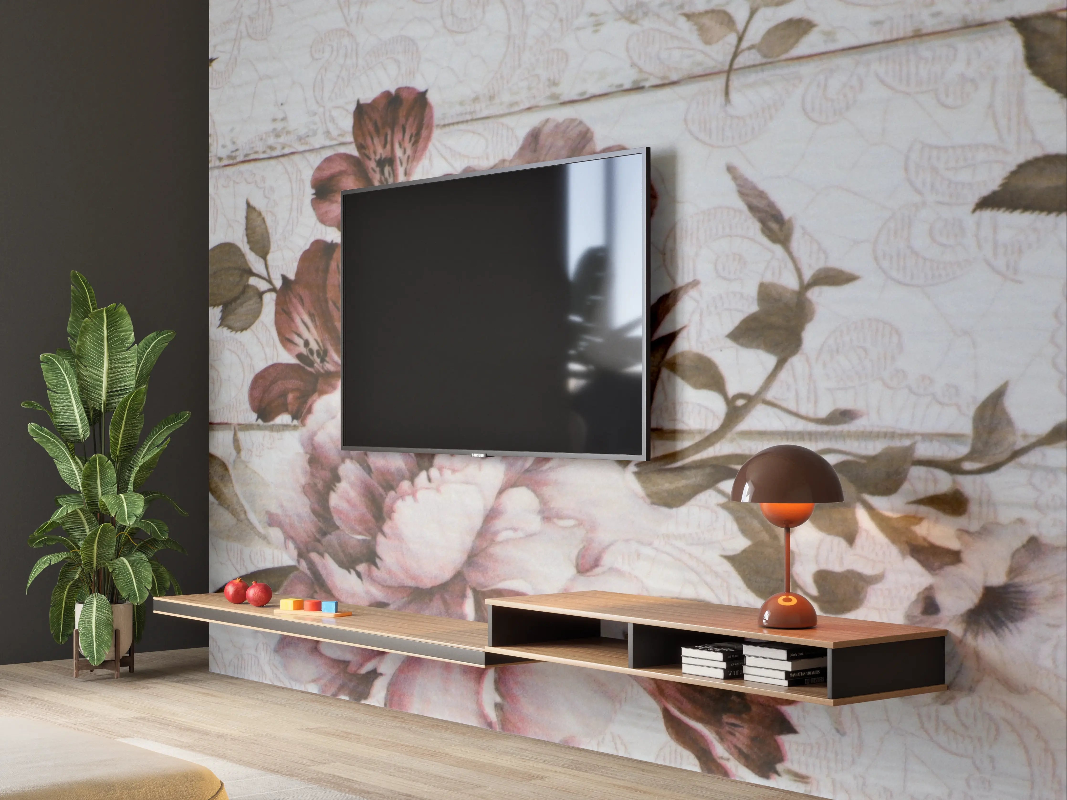 Wandverkleidung Wohnzimmer - Blumenmuster Holzoptik Wandbild