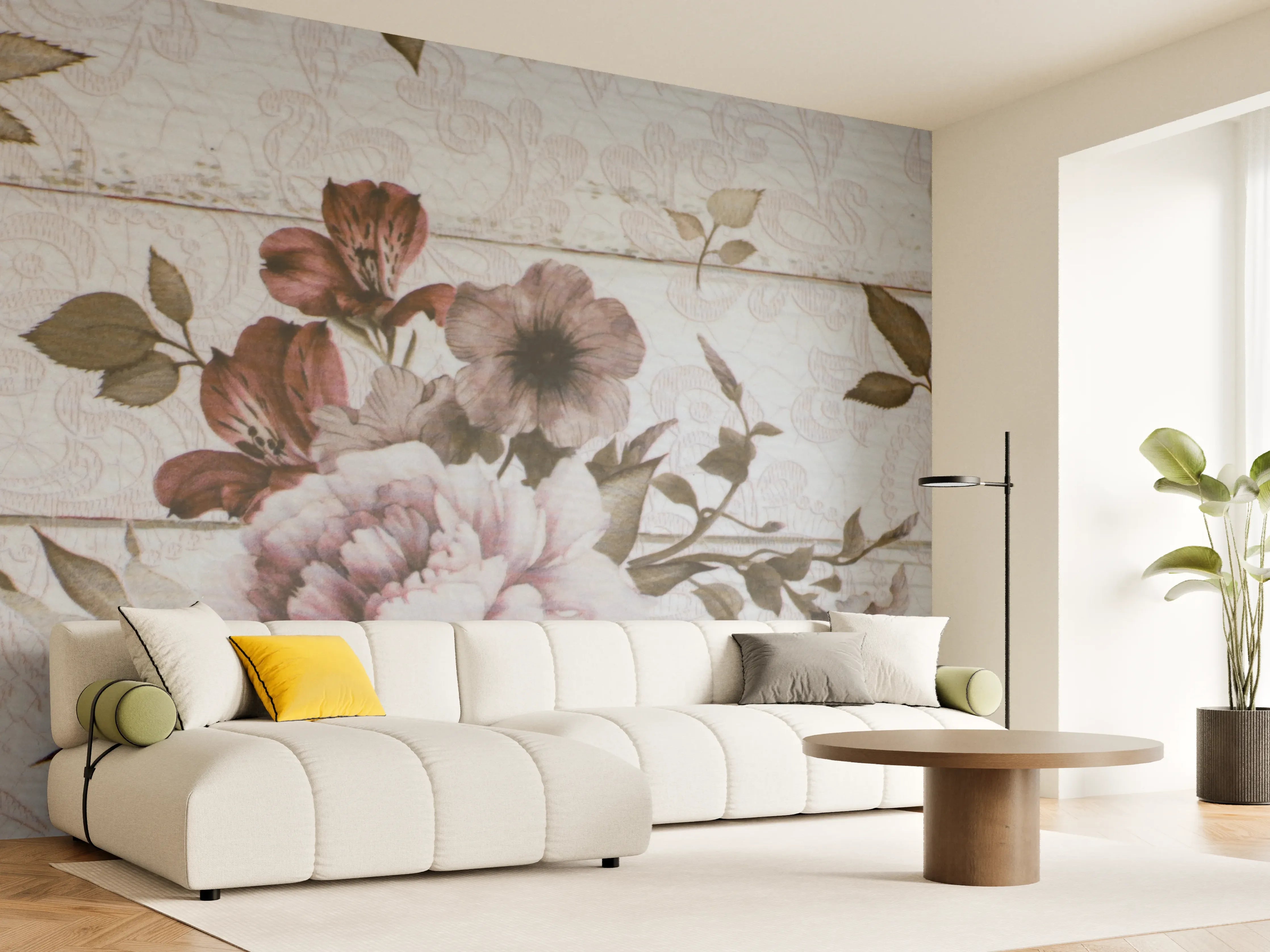 Wandverkleidung Wohnzimmer - Blumenmuster Holzoptik Wandbild