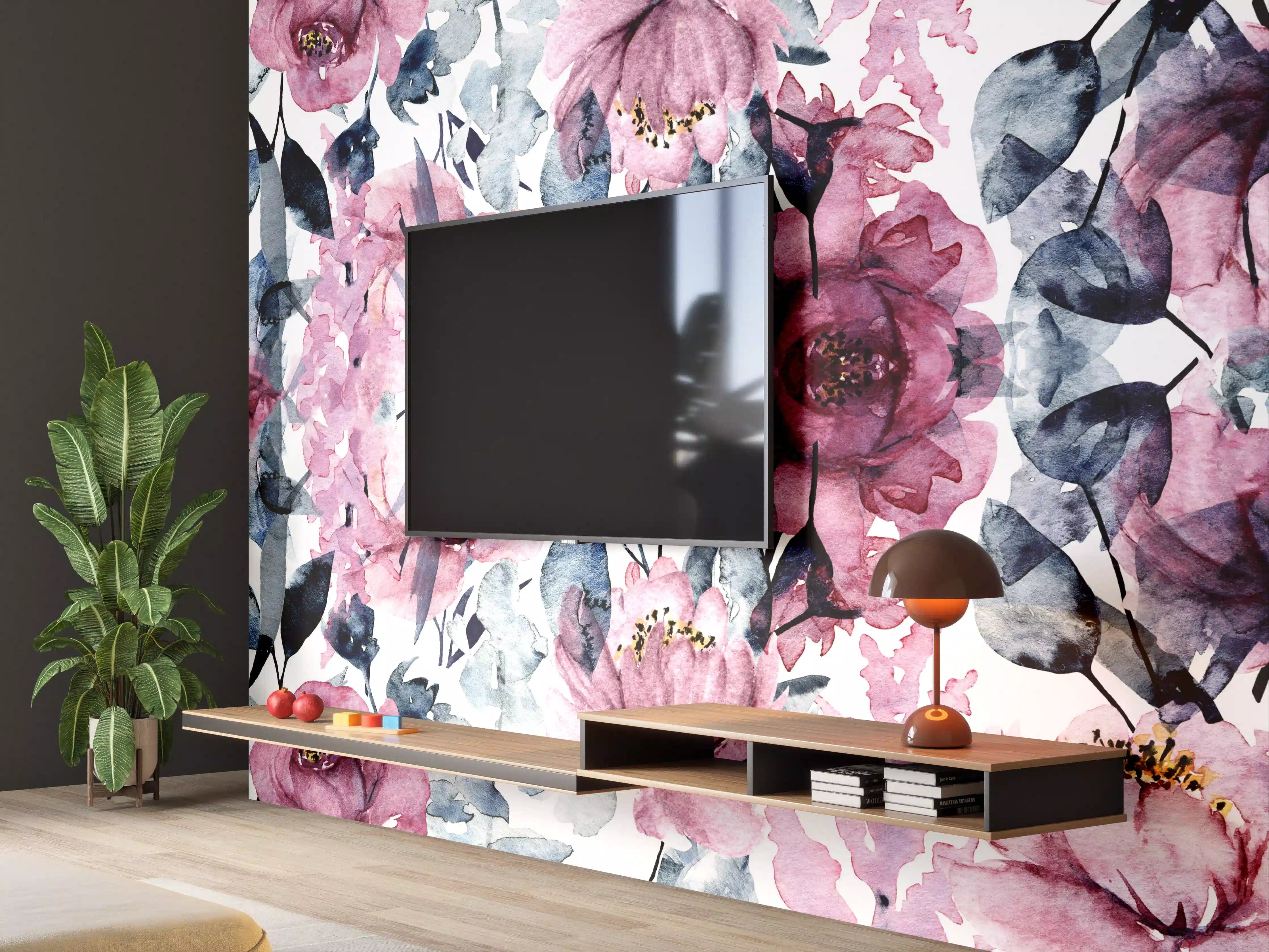 Wandverkleidung Wohnzimmer - Blumenmuster im Wasserfarbenstil mit Pink- und Grautönen