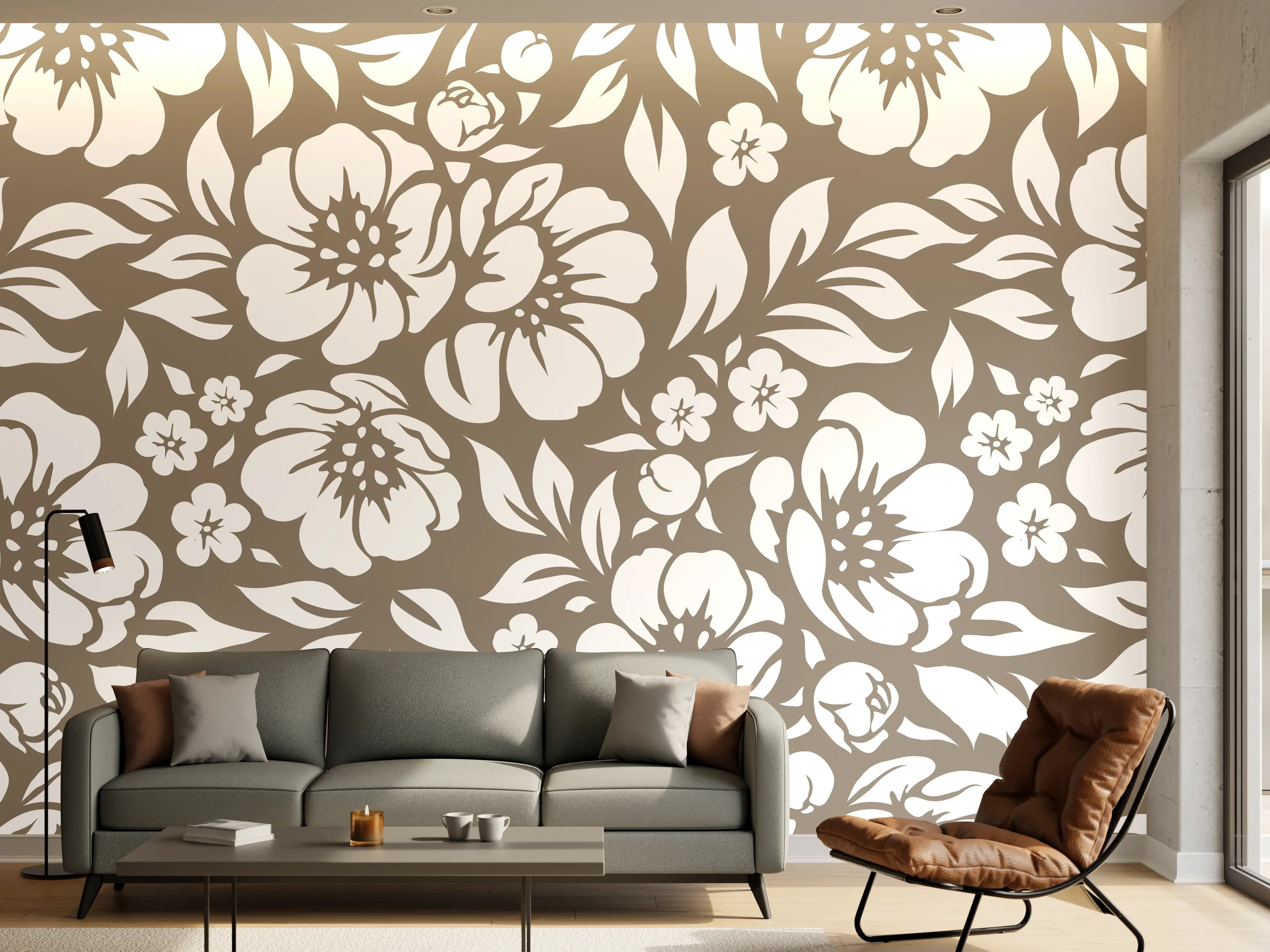 Wandverkleidung Wohnzimmer - Blumenmuster in Beige und Weiß