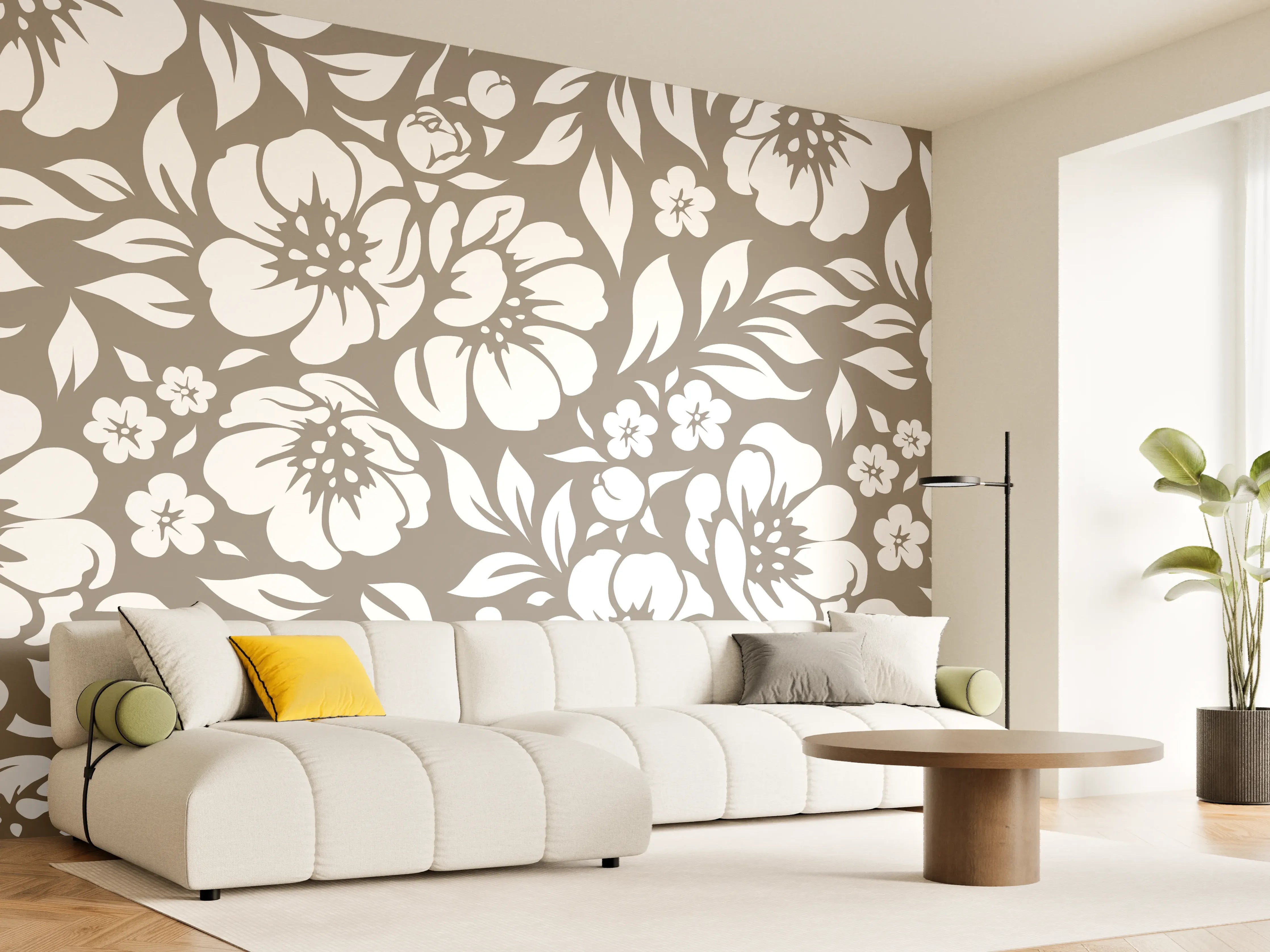 Wandverkleidung Wohnzimmer - Blumenmuster in Beige und Weiß