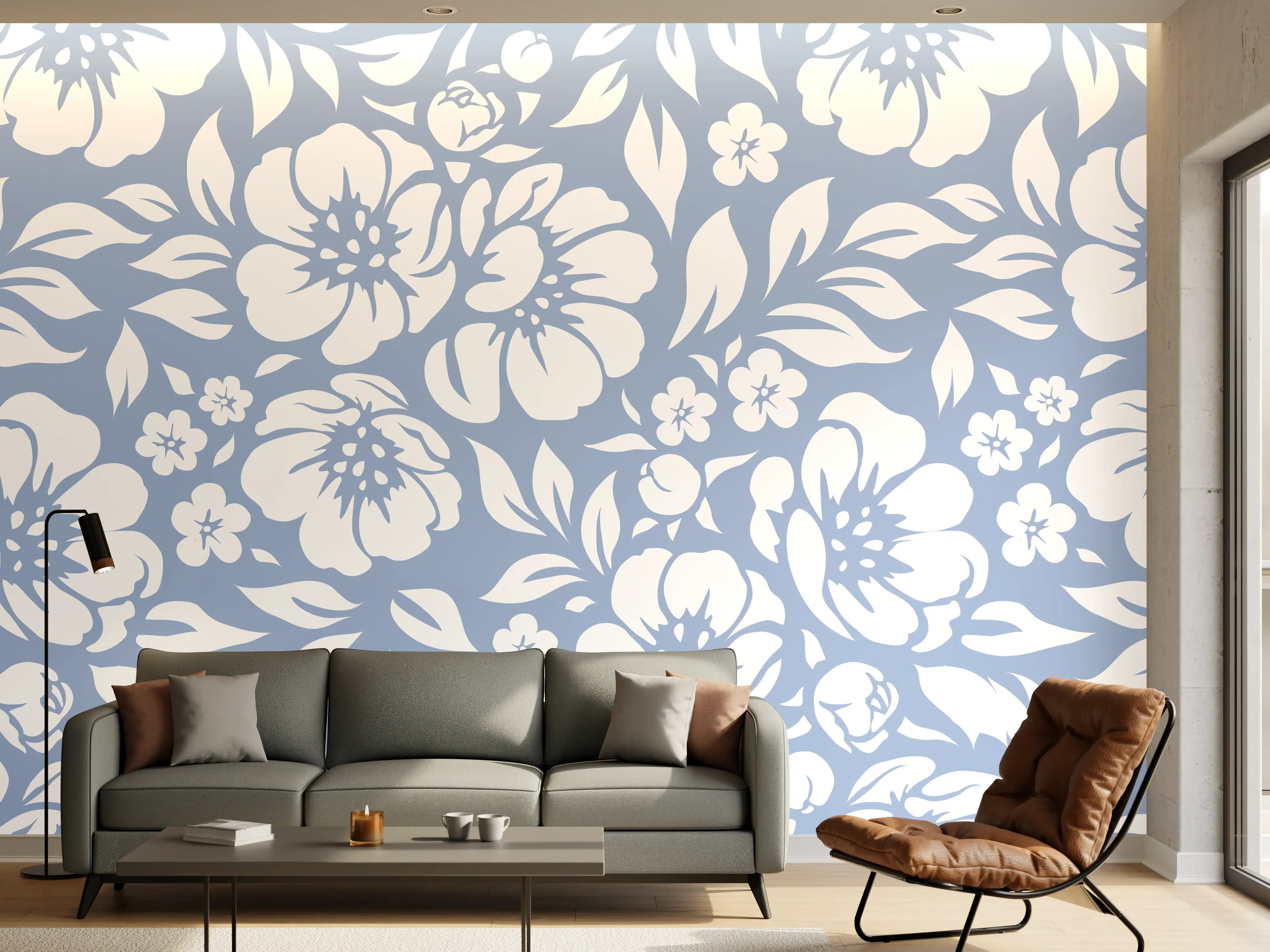 Wandverkleidung Wohnzimmer - Blumenmuster in Blau