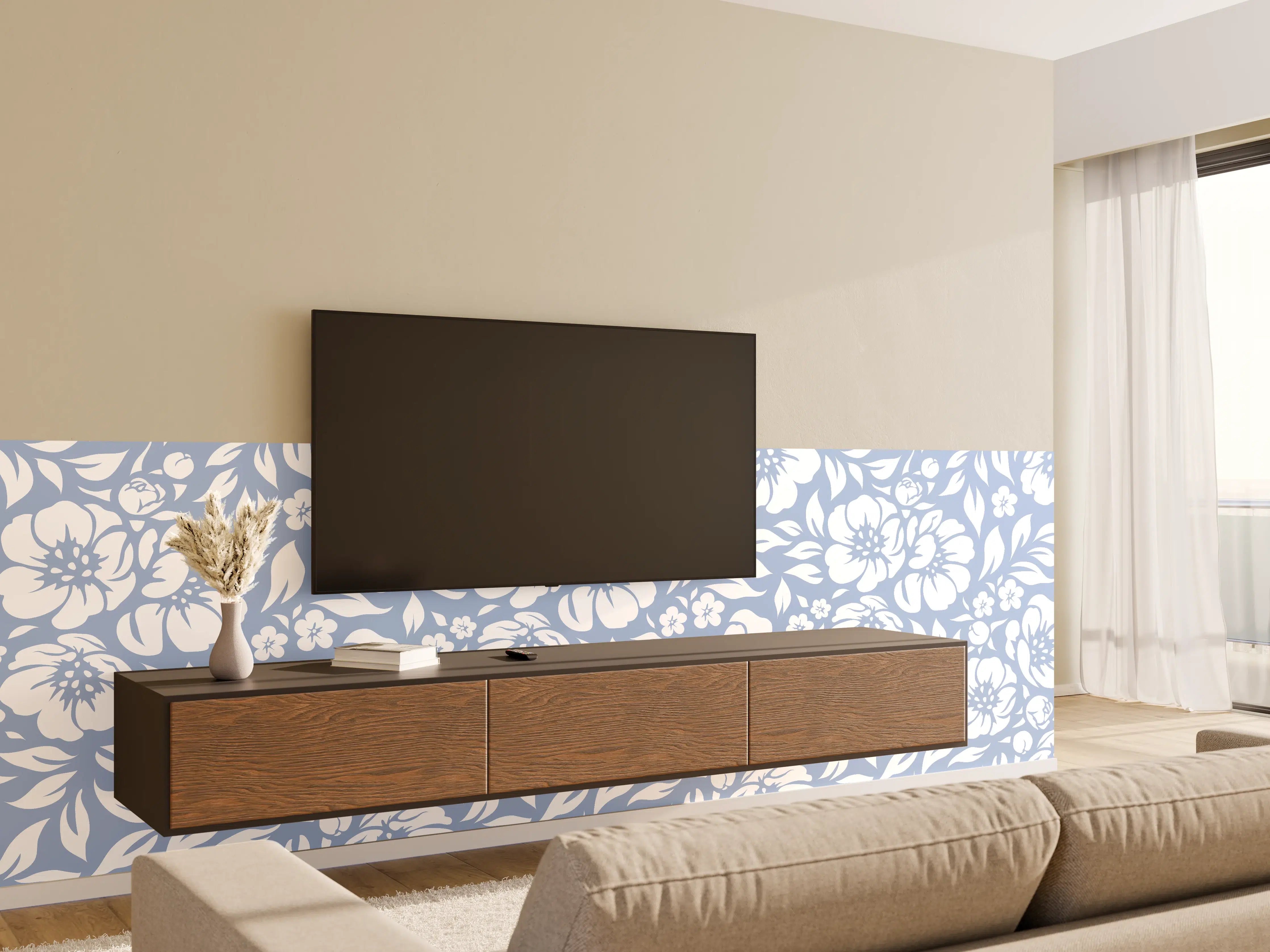 Wandverkleidung Wohnzimmer - Blumenmuster in Blau
