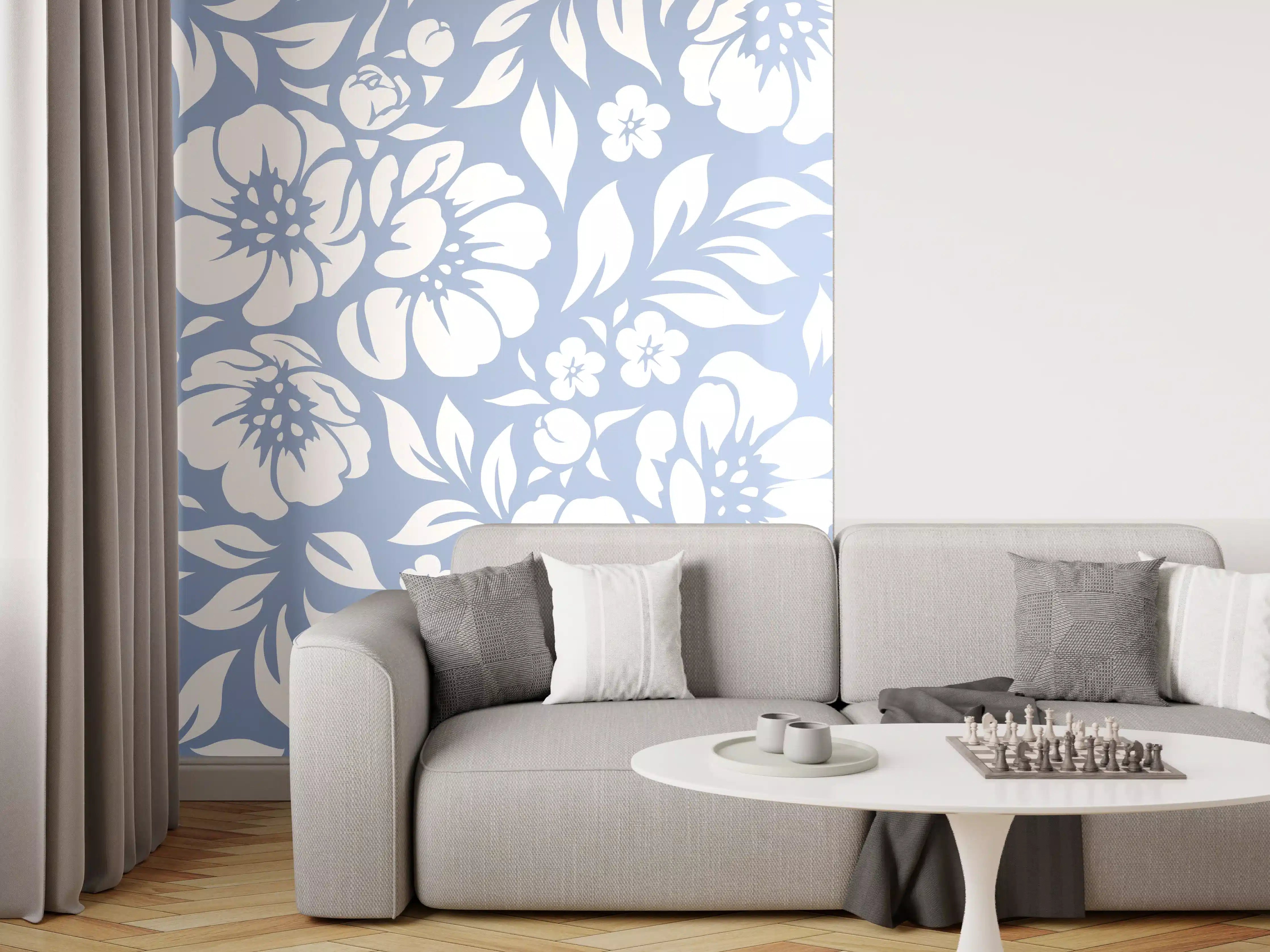 Wandverkleidung Wohnzimmer - Blumenmuster in Blau