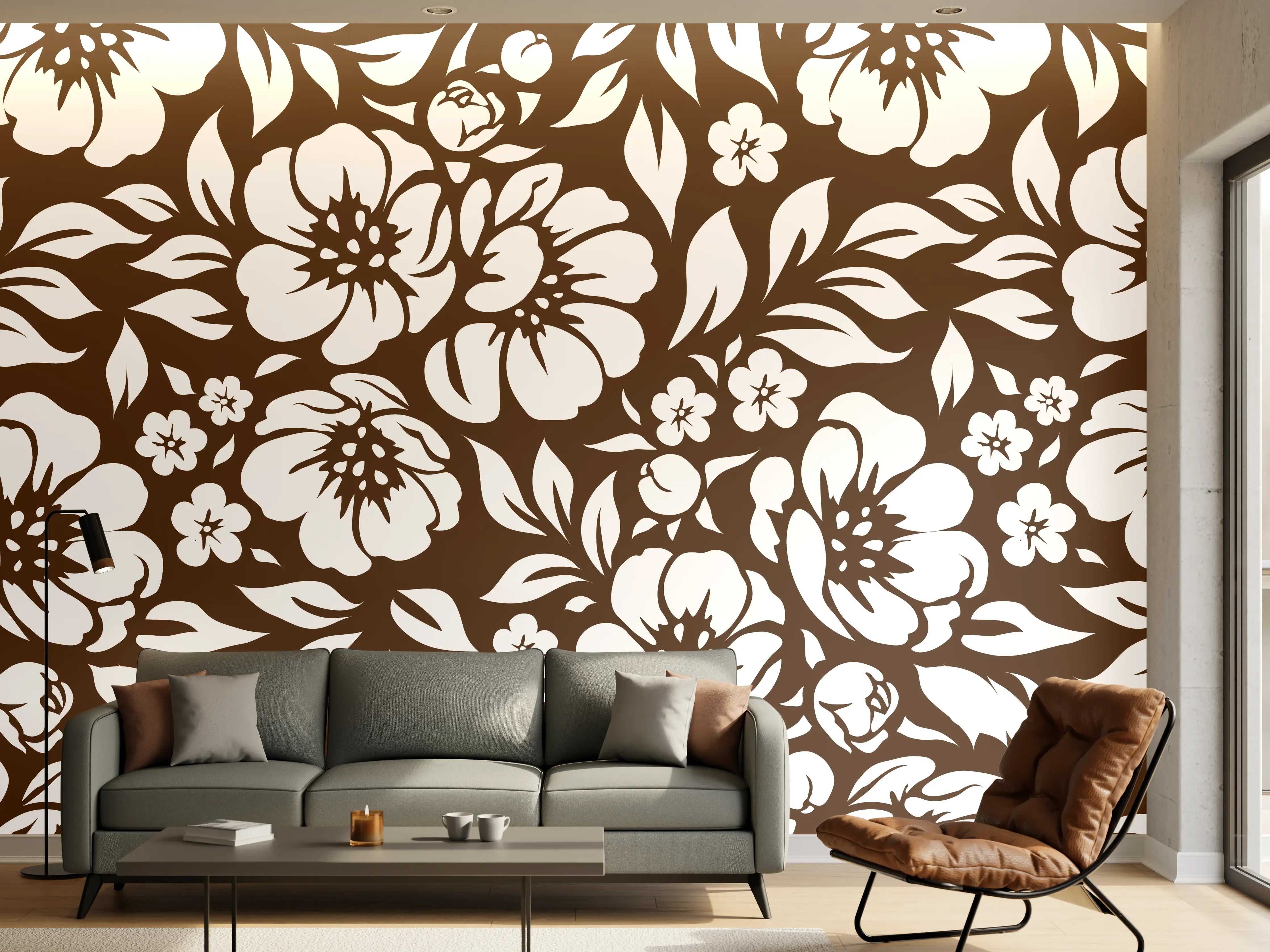 Wandverkleidung Wohnzimmer - Blumenmuster in Braun und Weiß