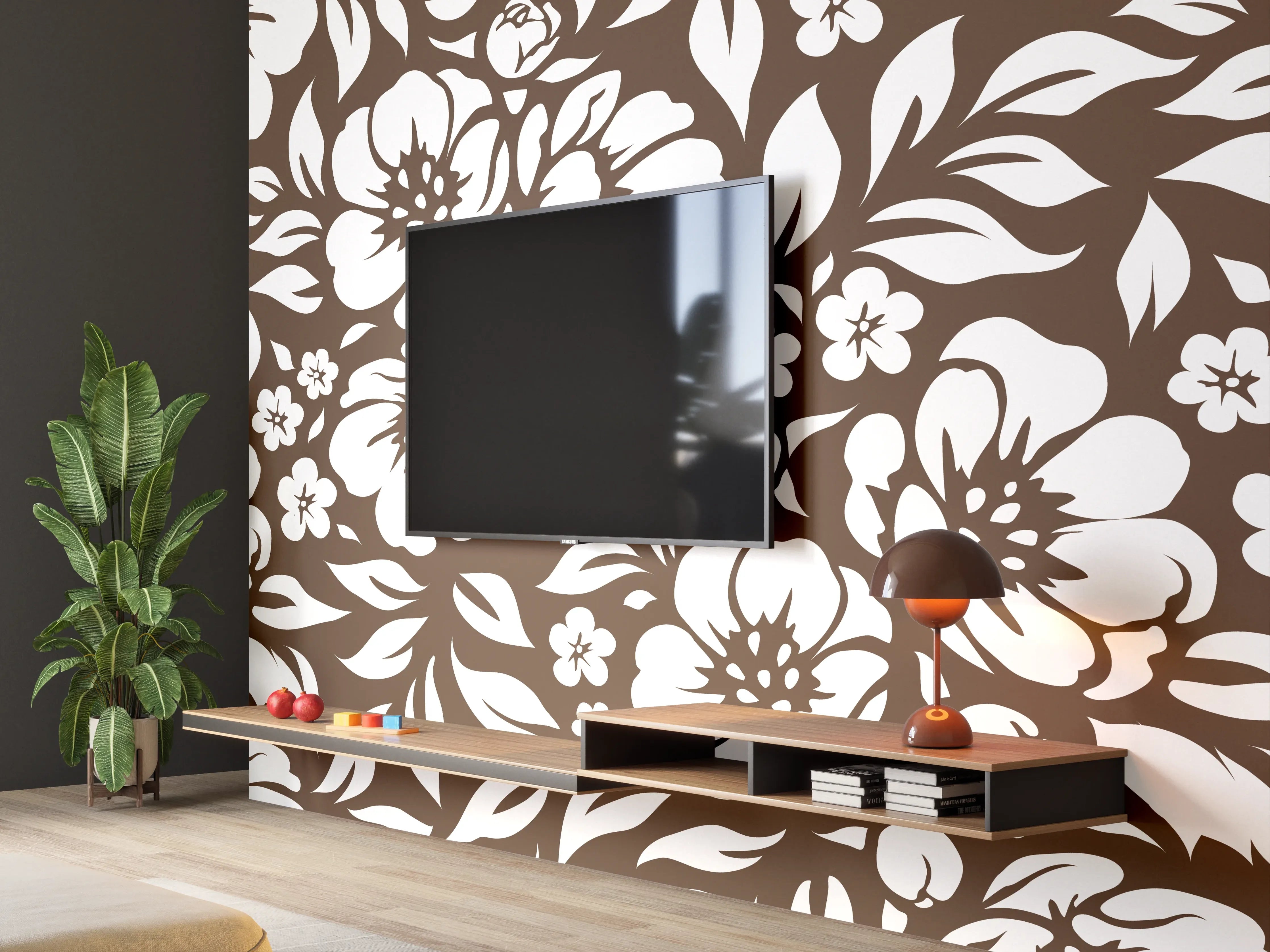 Wandverkleidung Wohnzimmer - Blumenmuster in Braun und Weiß