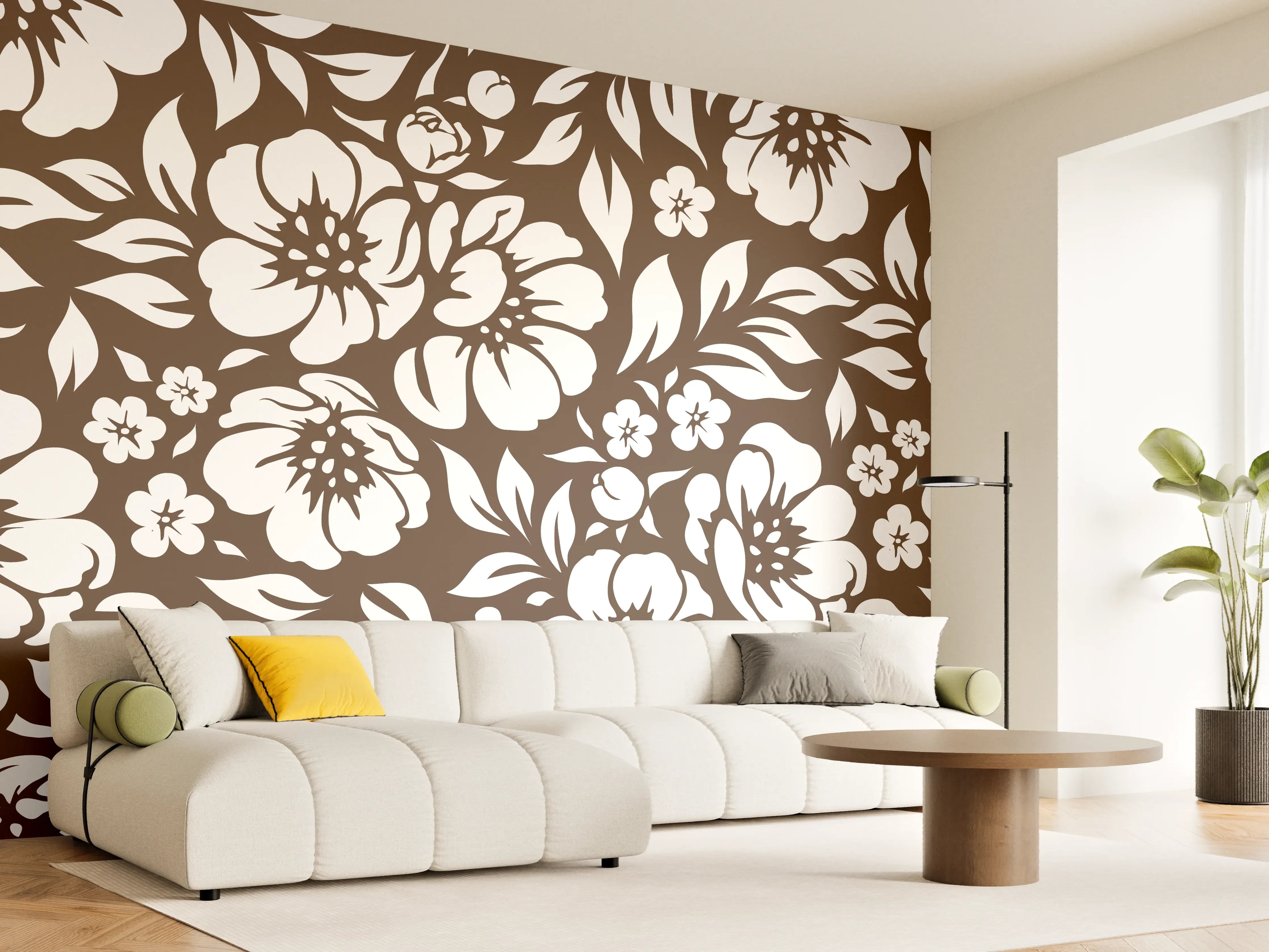 Wandverkleidung Wohnzimmer - Blumenmuster in Braun und Weiß