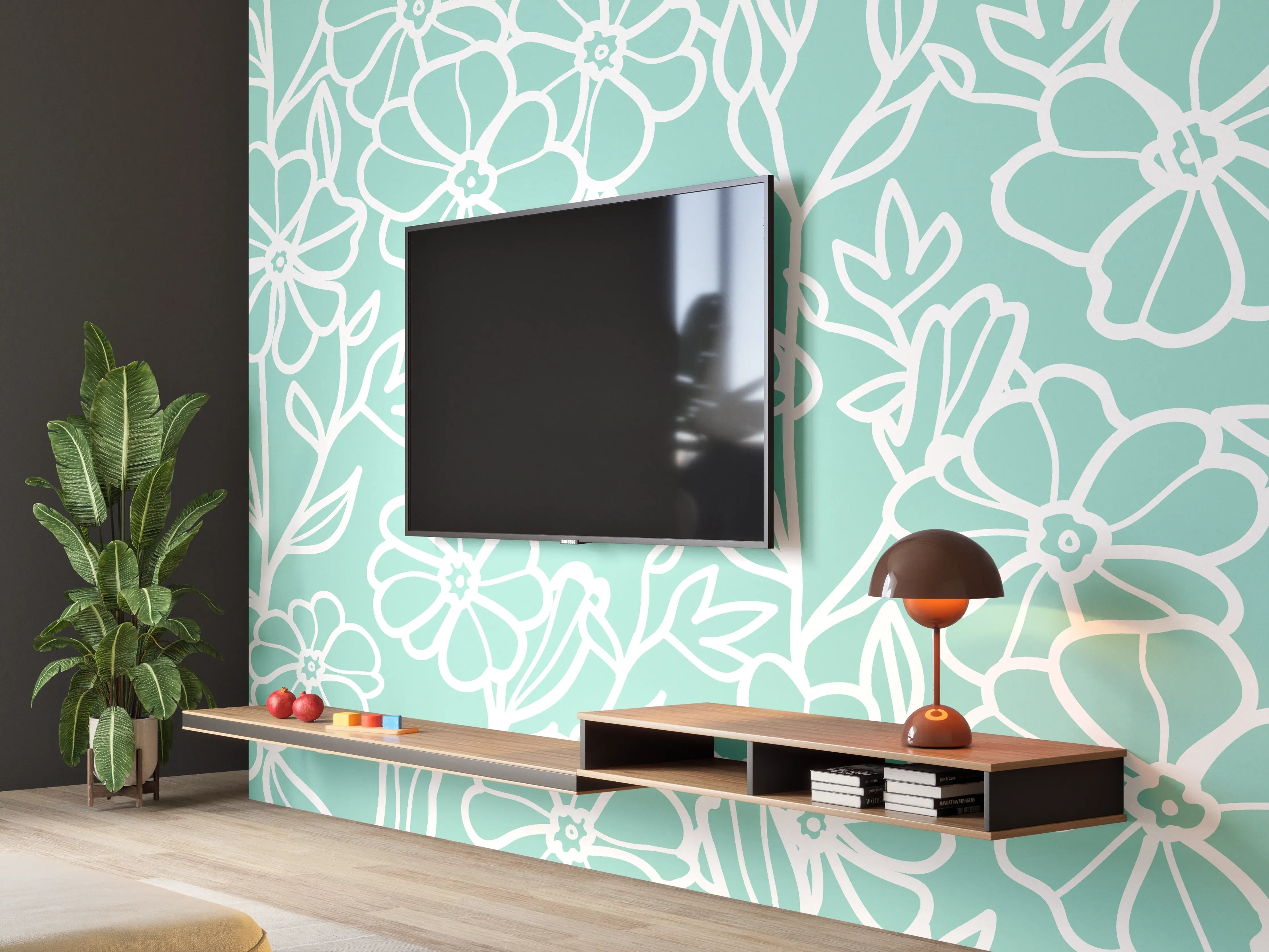 Wandverkleidung Wohnzimmer - Blumenmuster in Pastellblau mit feinen Linien
