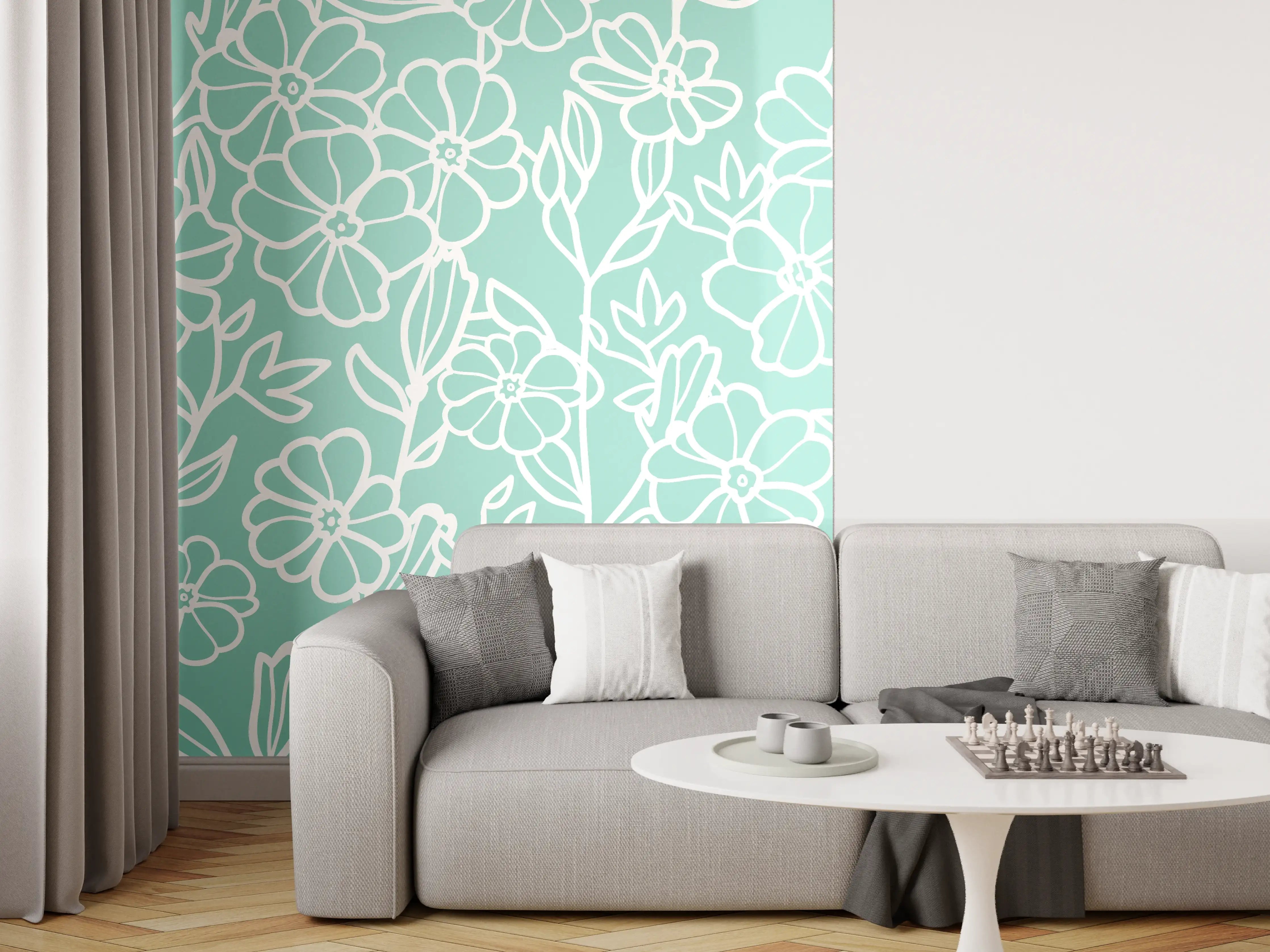 Wandverkleidung Wohnzimmer - Blumenmuster in Pastellblau mit feinen Linien
