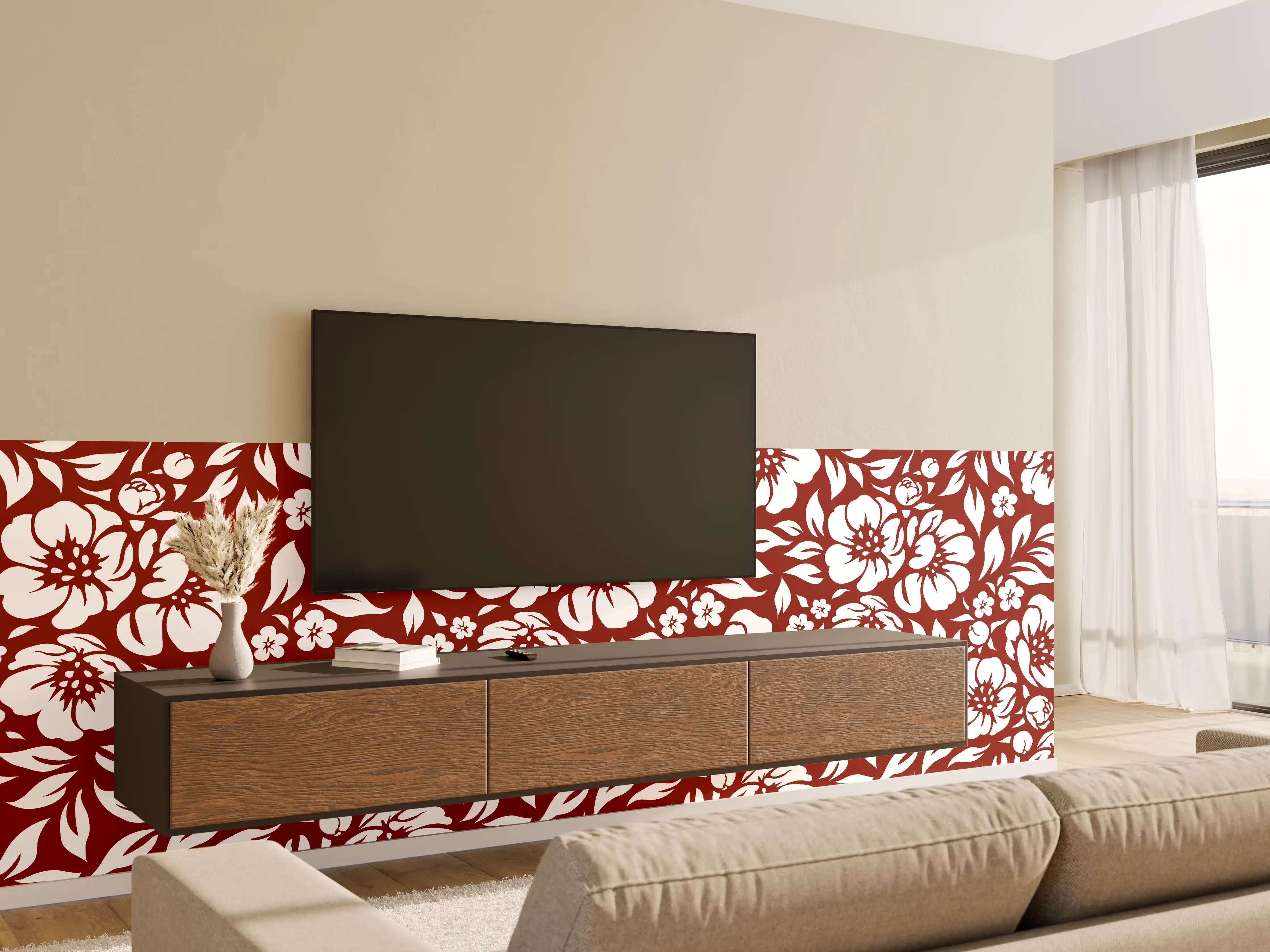 Wandverkleidung Wohnzimmer - Blumenmuster in Rot und Weiß - Elegant & Zeitlos