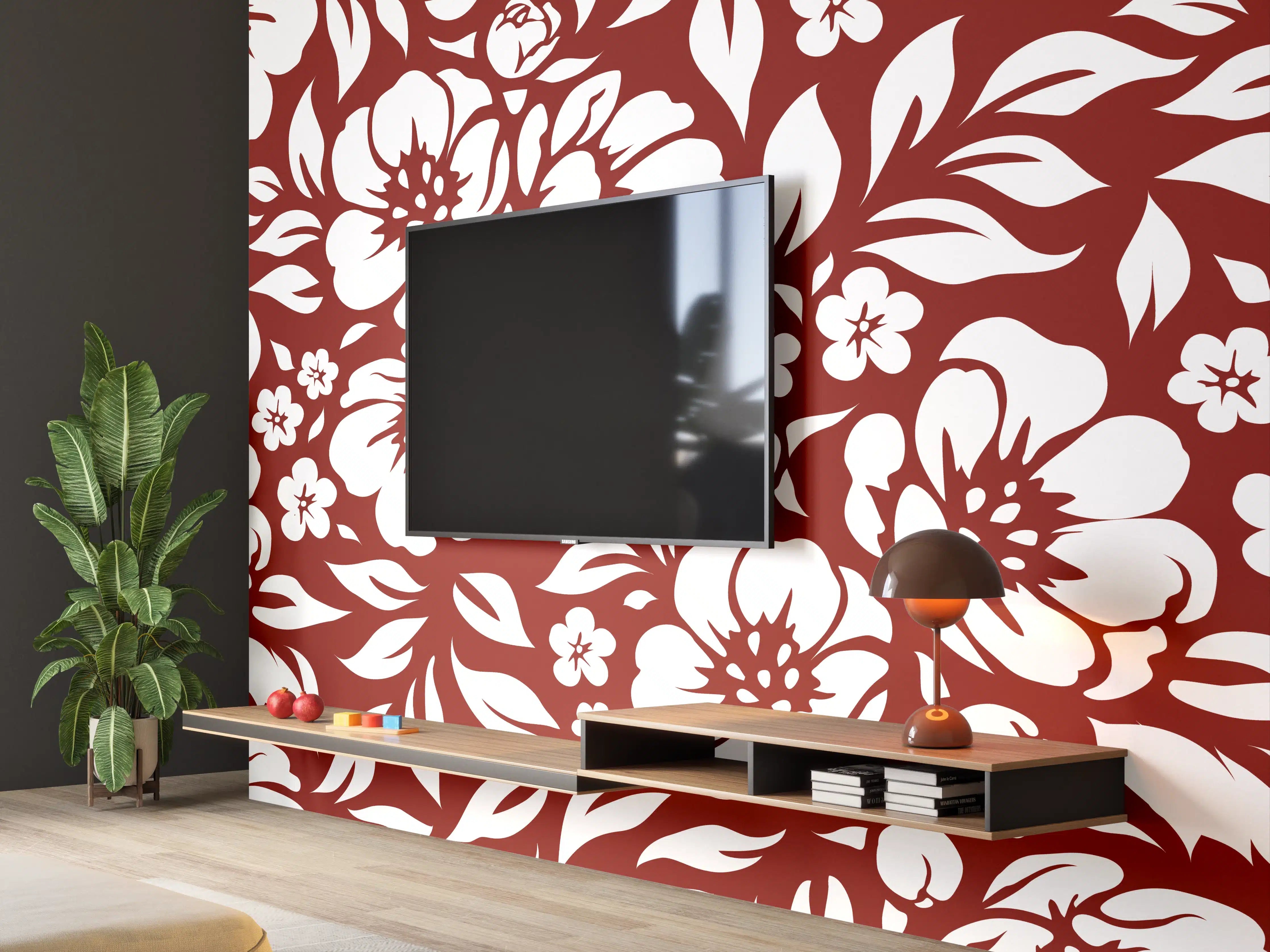 Wandverkleidung Wohnzimmer - Blumenmuster in Rot und Weiß - Elegant & Zeitlos