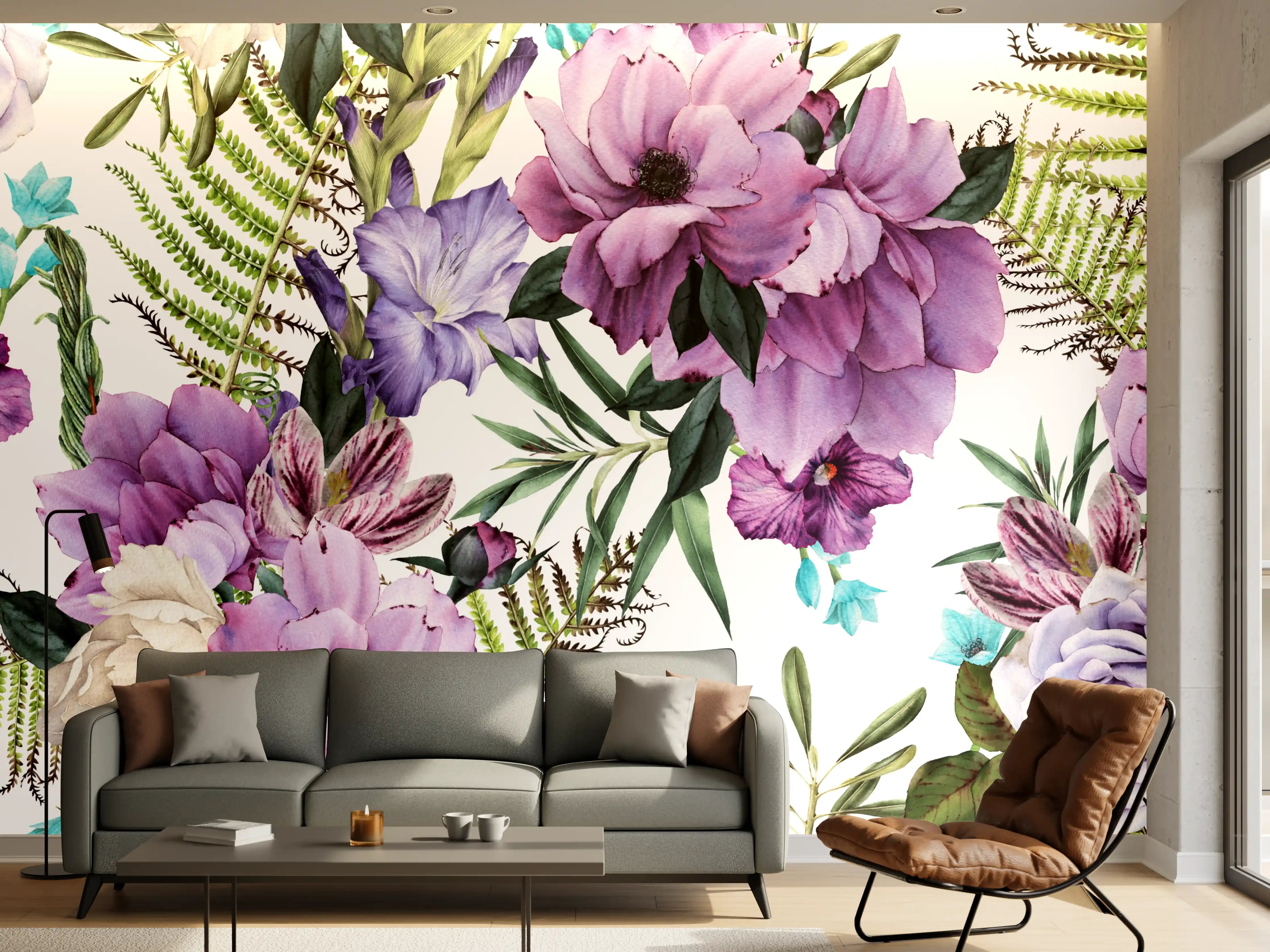 Wandverkleidung Wohnzimmer - Blumenmuster mit Rosen und Hortensien
