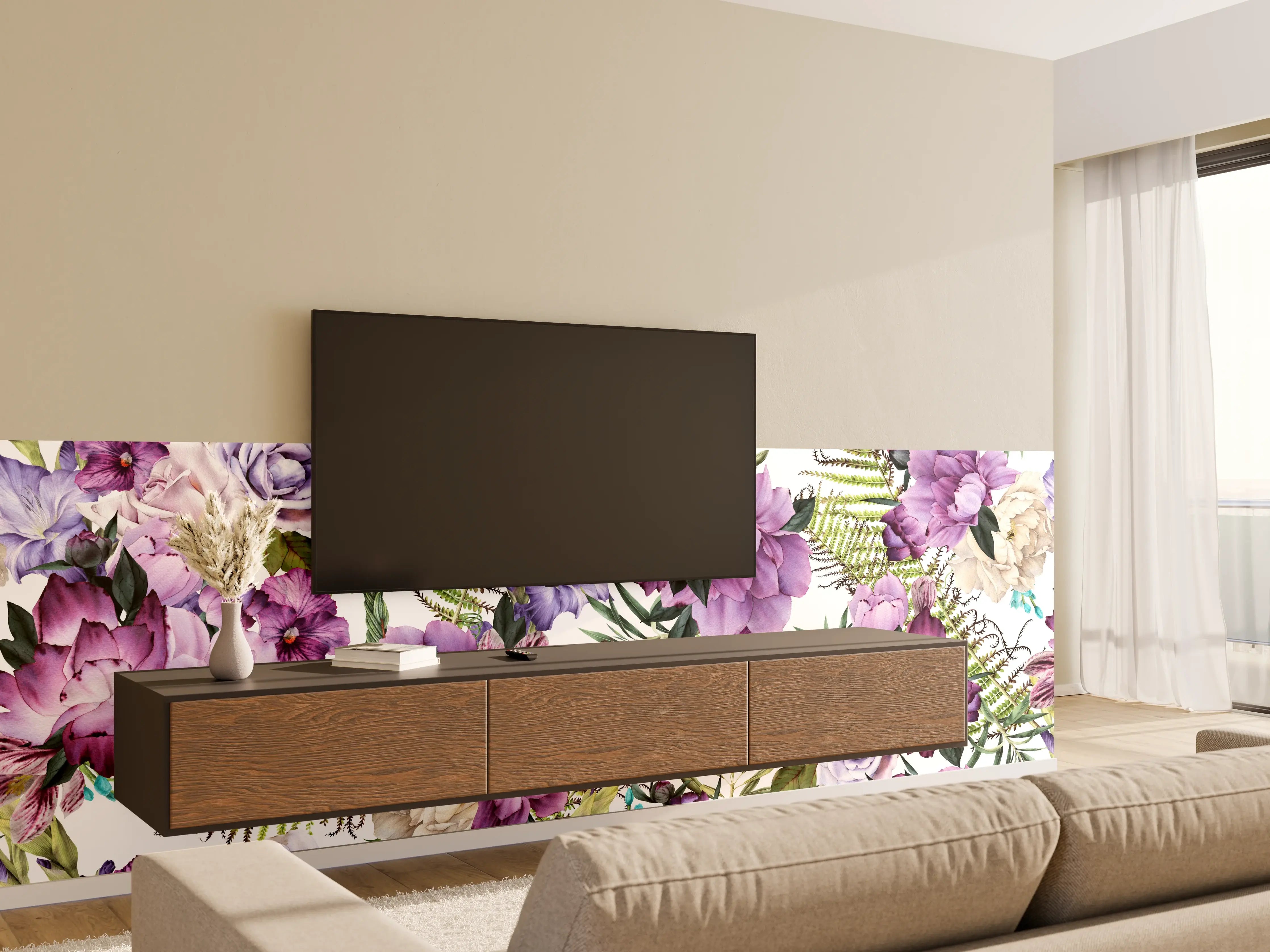 Wandverkleidung Wohnzimmer - Blumenmuster mit Rosen und Hortensien