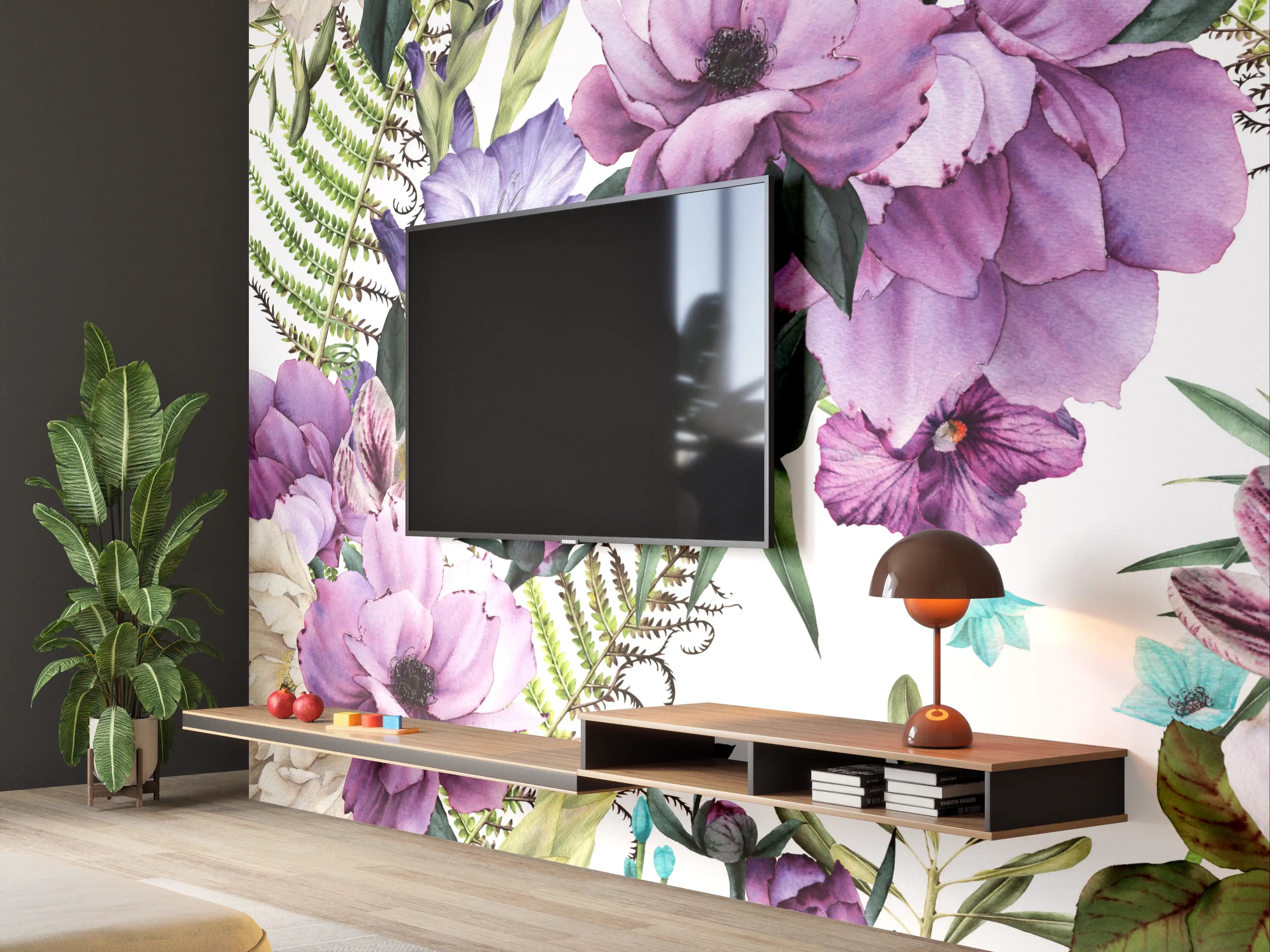 Wandverkleidung Wohnzimmer - Blumenmuster mit Rosen und Hortensien