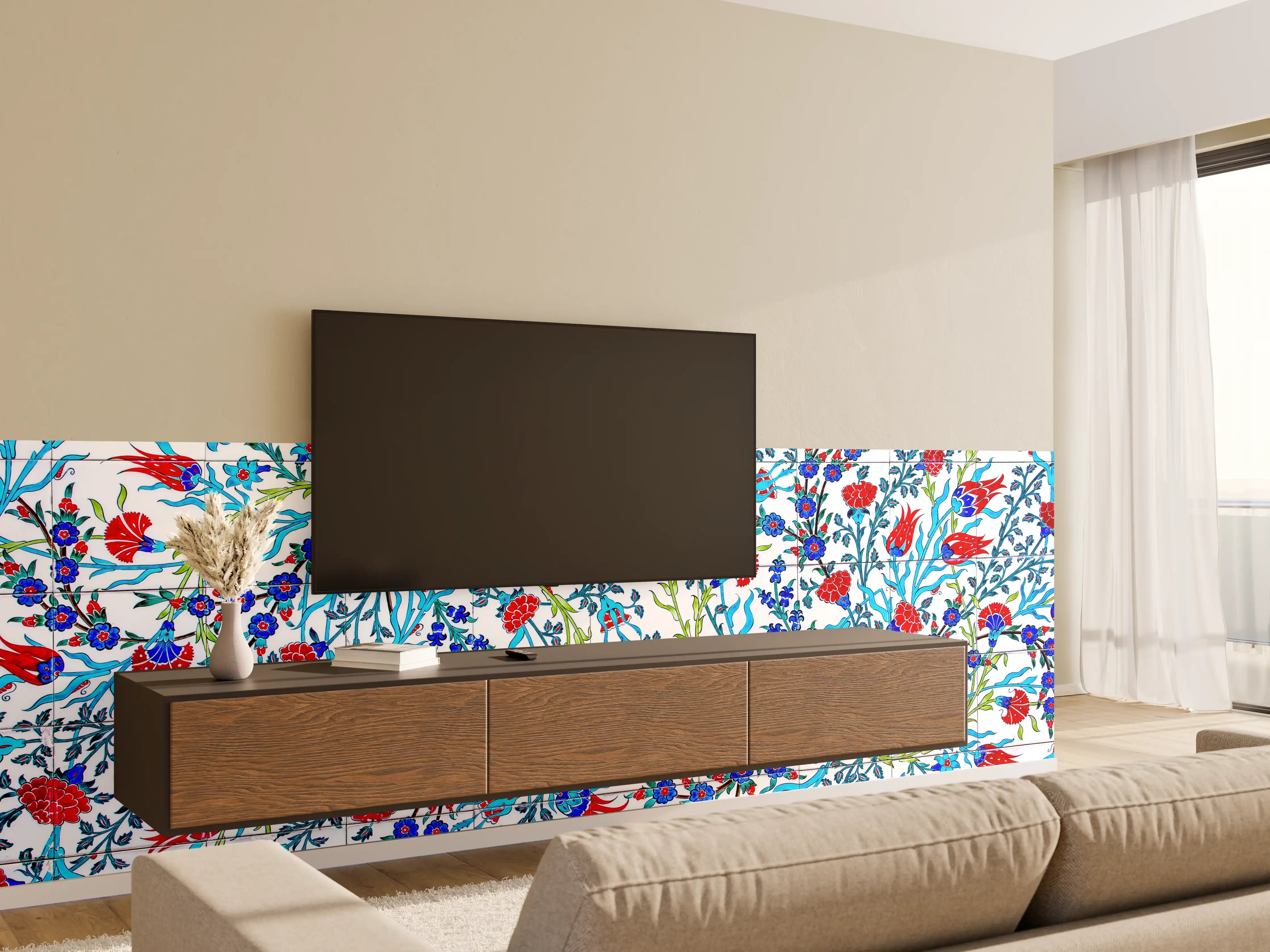 Wandverkleidung Wohnzimmer - Blumenmuster mit lebendigen Farben