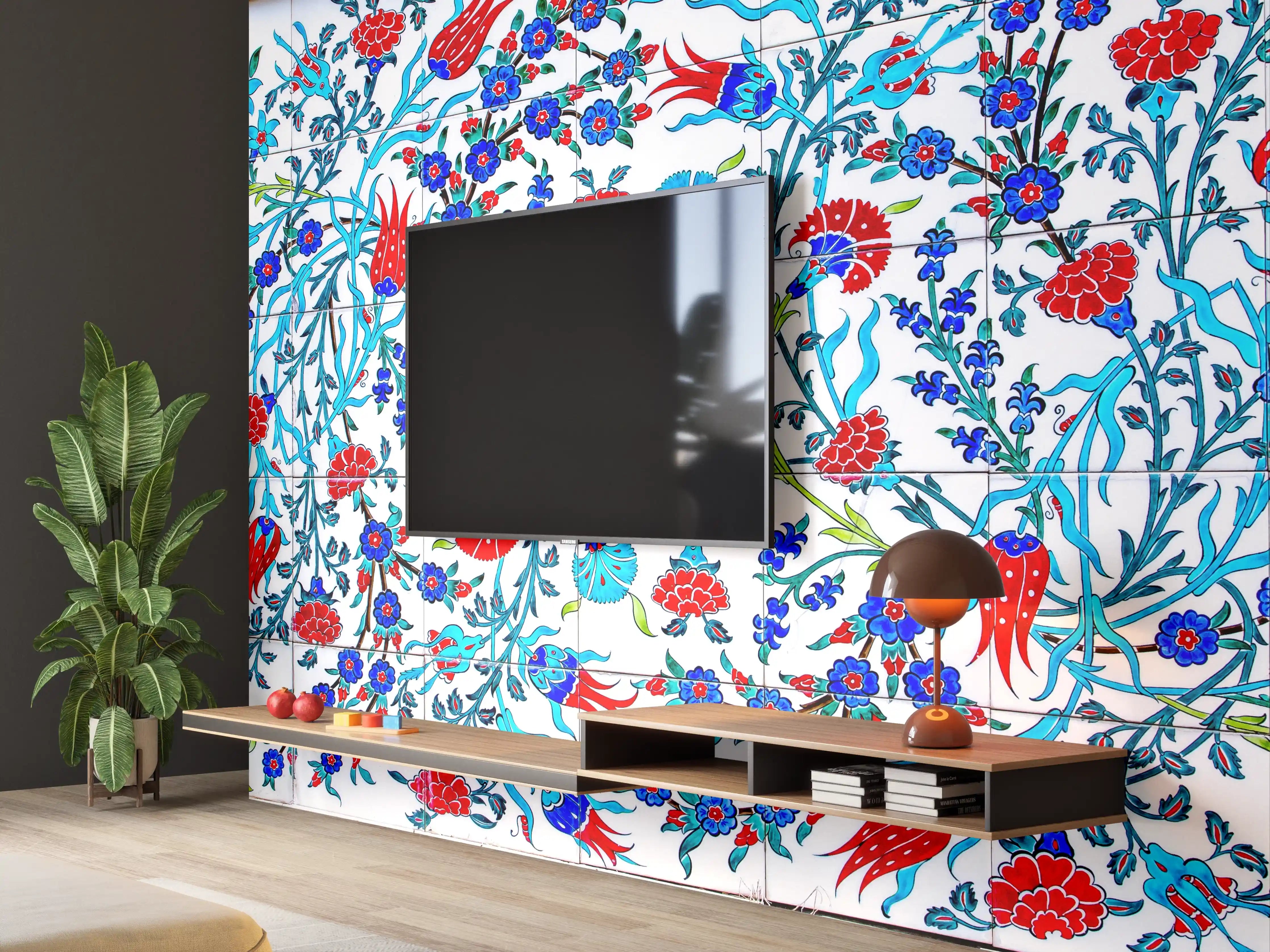 Wandverkleidung Wohnzimmer - Blumenmuster mit lebendigen Farben