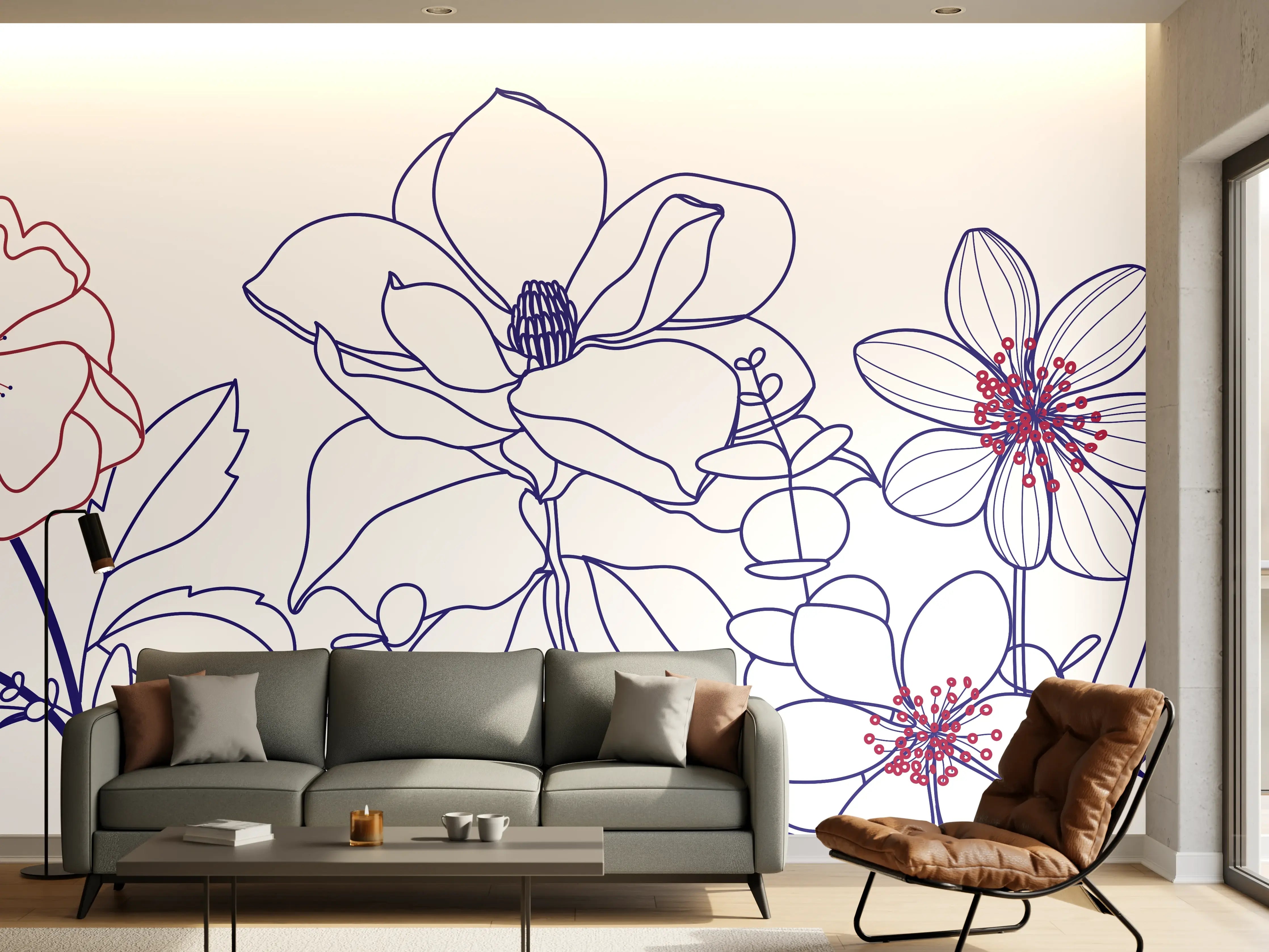 Wandverkleidung Wohnzimmer - Blumenstrauß Linienzeichnung Wanddekor